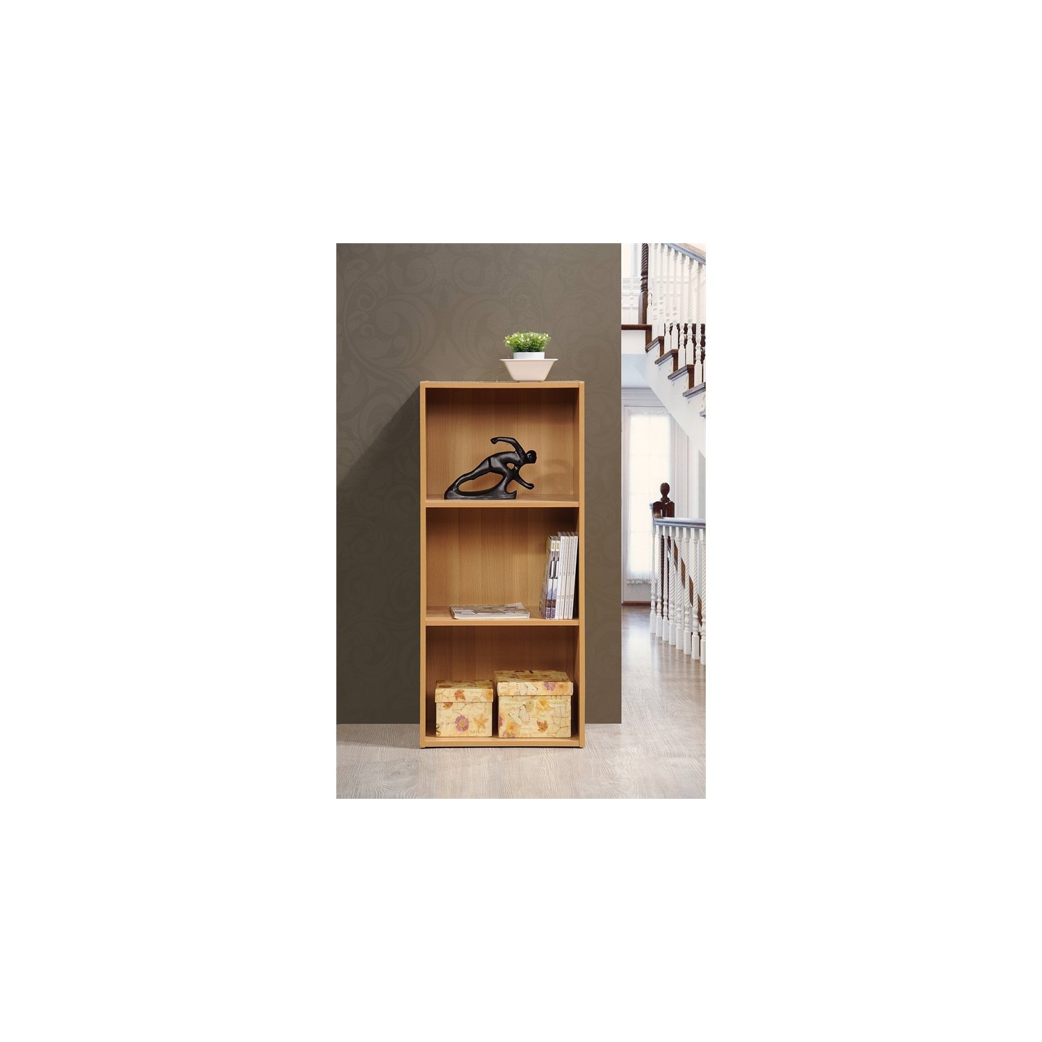 Hodedah Three Shelf Versatil Wooden Bookcase in Beige Finish