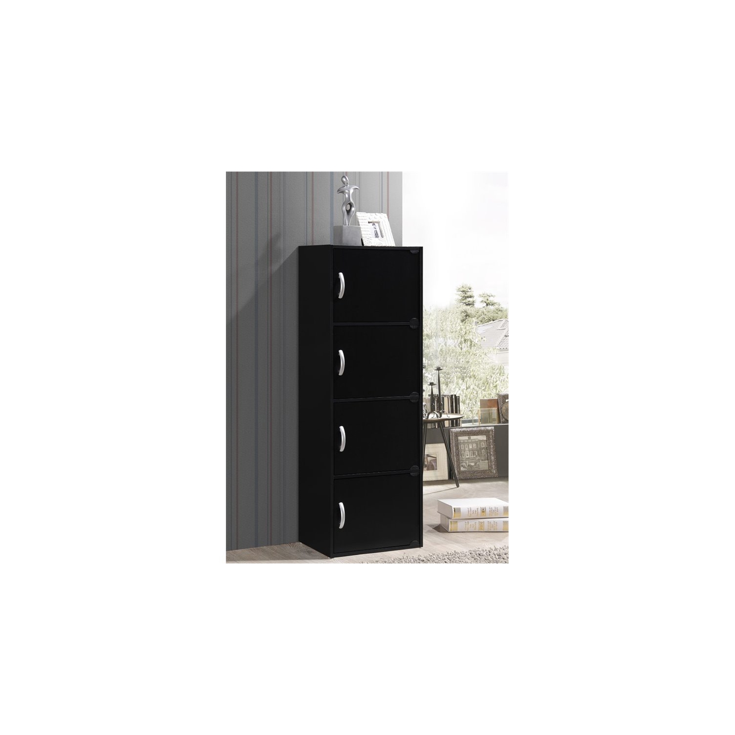 Hodedah 4 Shelf 4 Door Multi-Purpose Wooden Bookcase in Black Finish