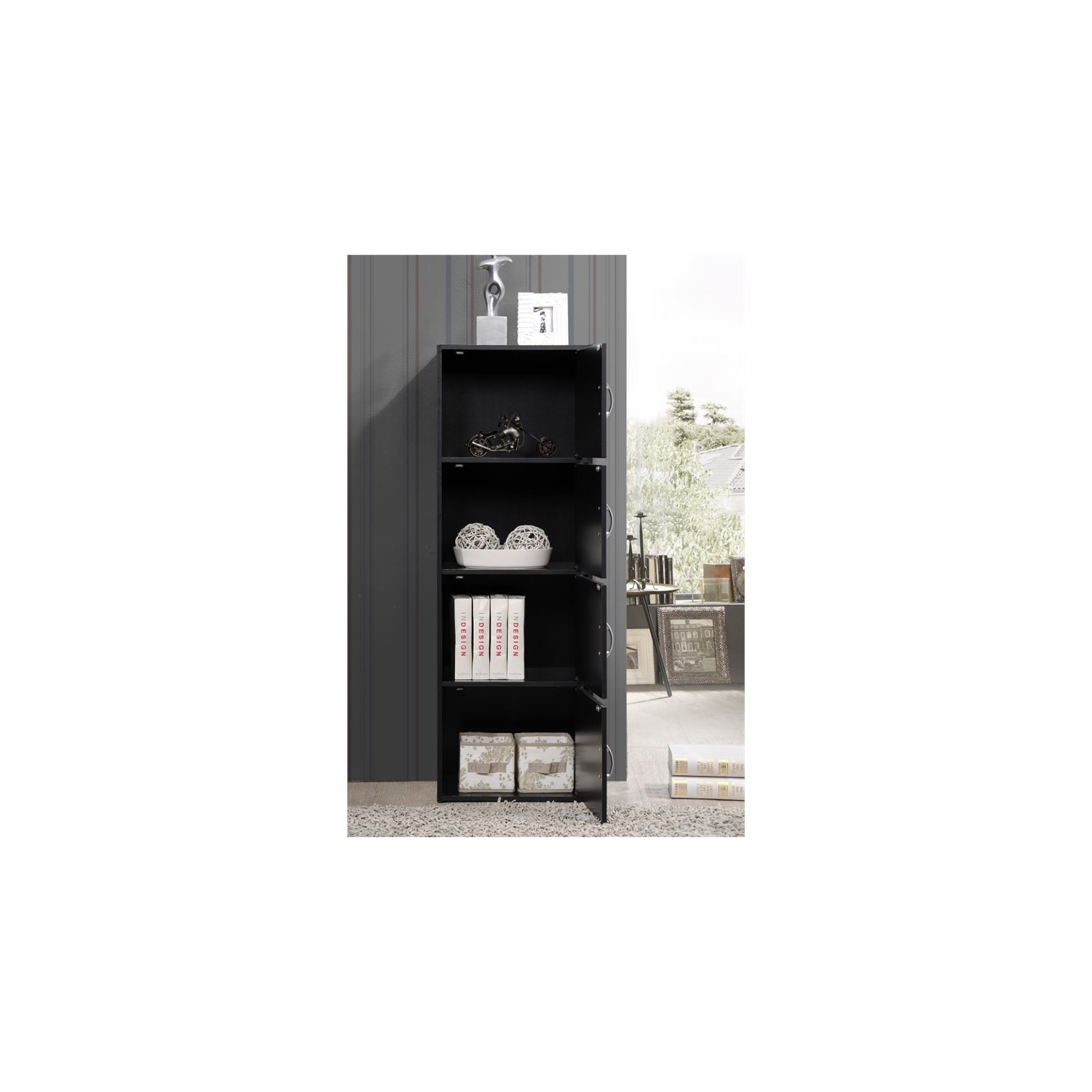 Hodedah 4 Shelf 4 Door Multi-Purpose Wooden Bookcase in Black Finish