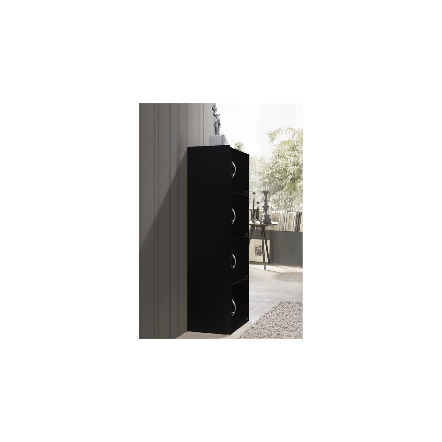 Hodedah 4 Shelf 4 Door Multi-Purpose Wooden Bookcase in Black Finish