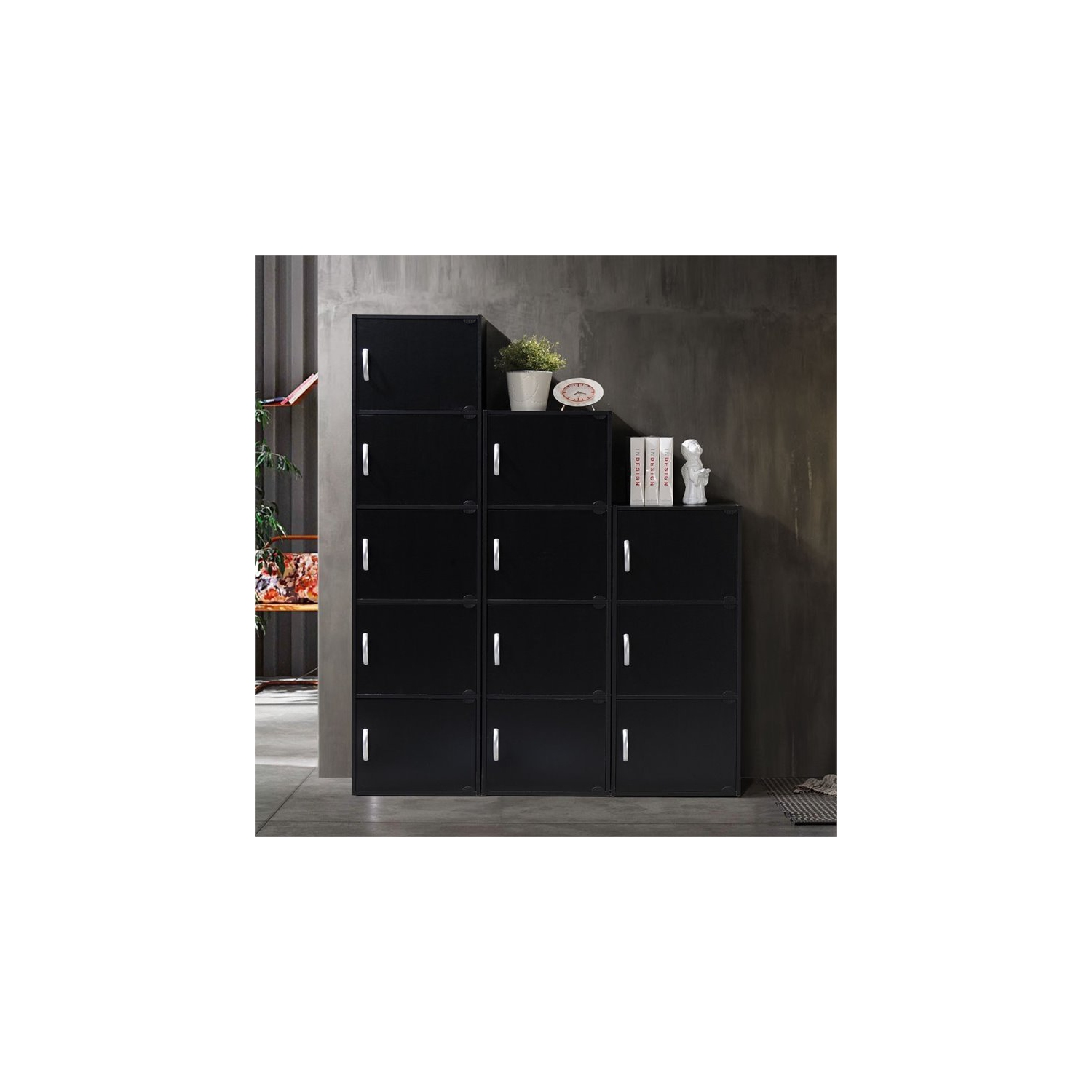 Hodedah 4 Shelf 4 Door Multi-Purpose Wooden Bookcase in Black Finish