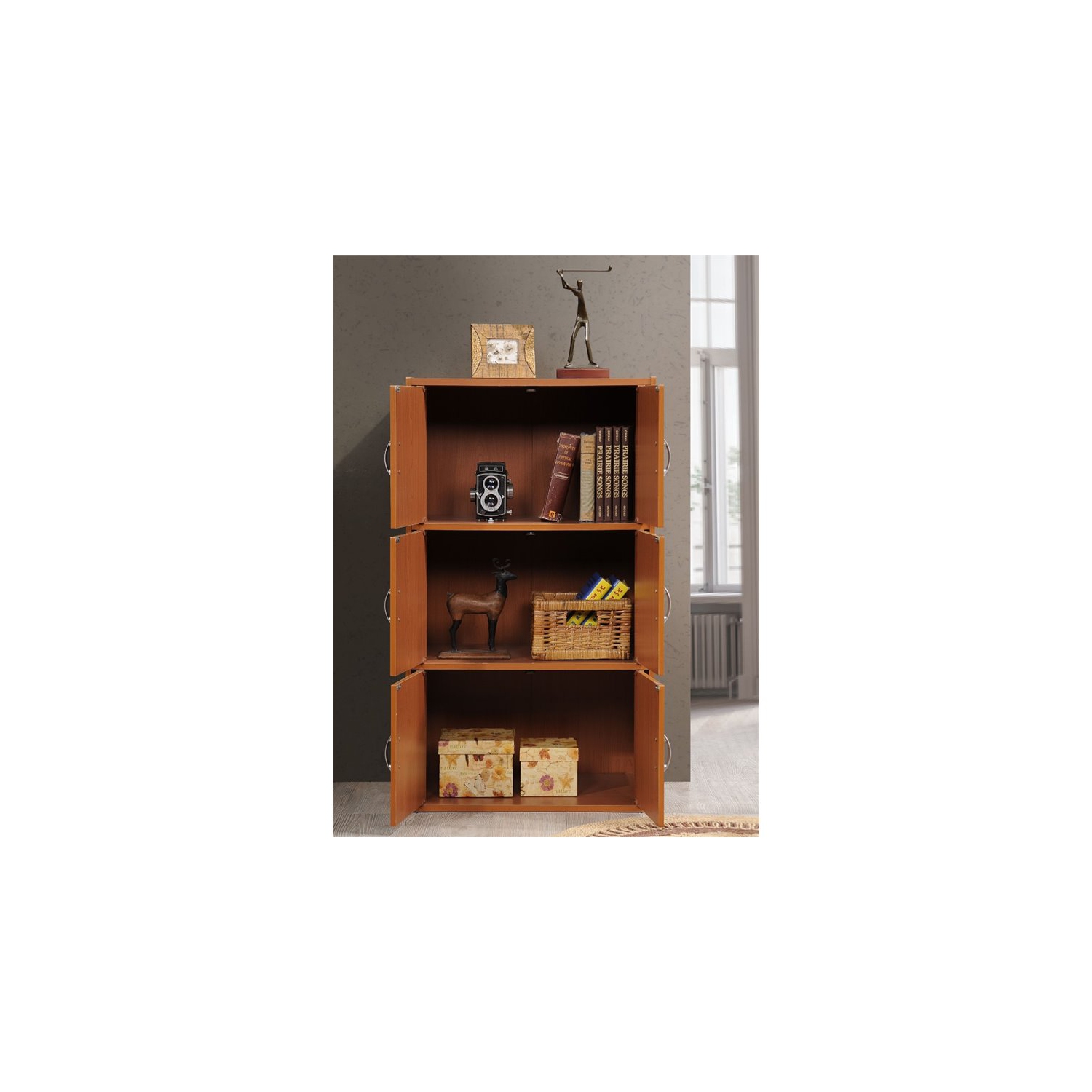Hodedah 3 Shelf 6 Door Multi-Purpose Wooden Bookcase in Cherry Finish
