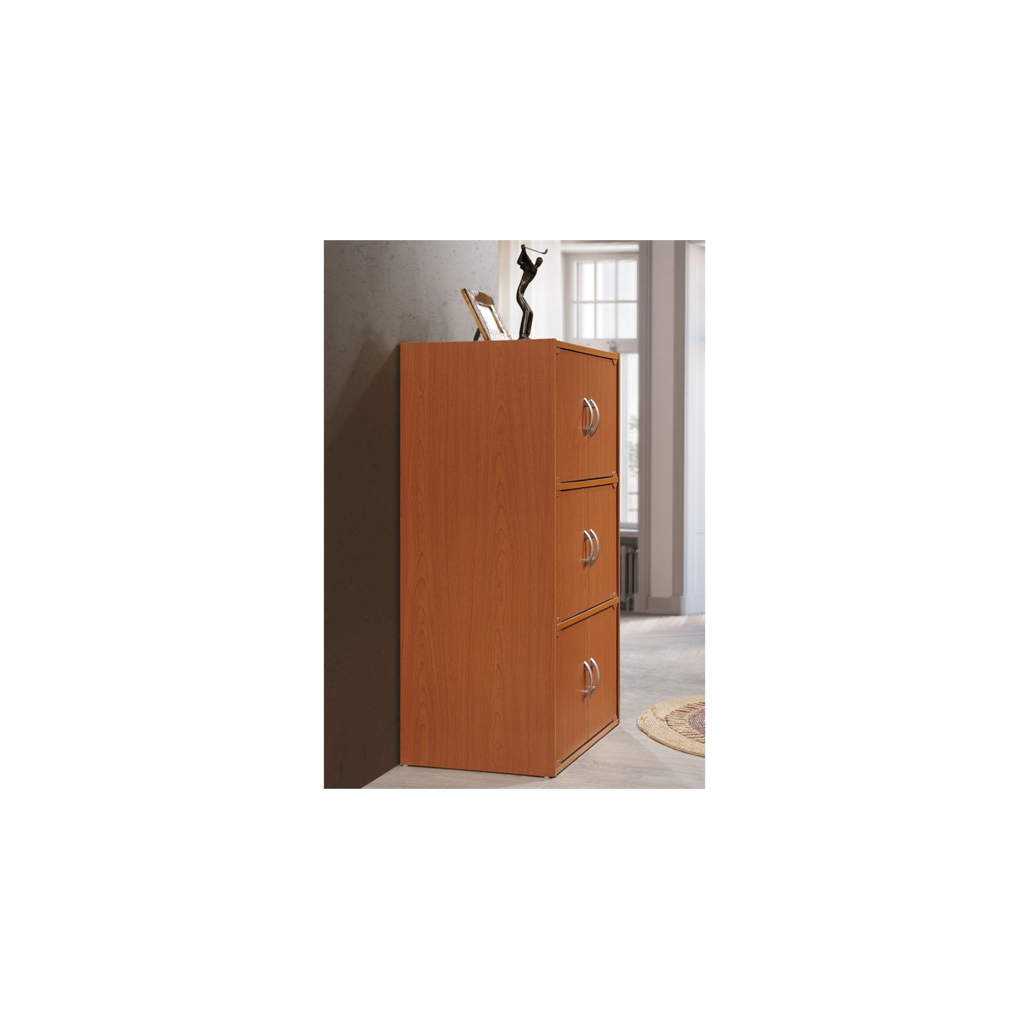 Hodedah 3 Shelf 6 Door Multi-Purpose Wooden Bookcase in Cherry Finish