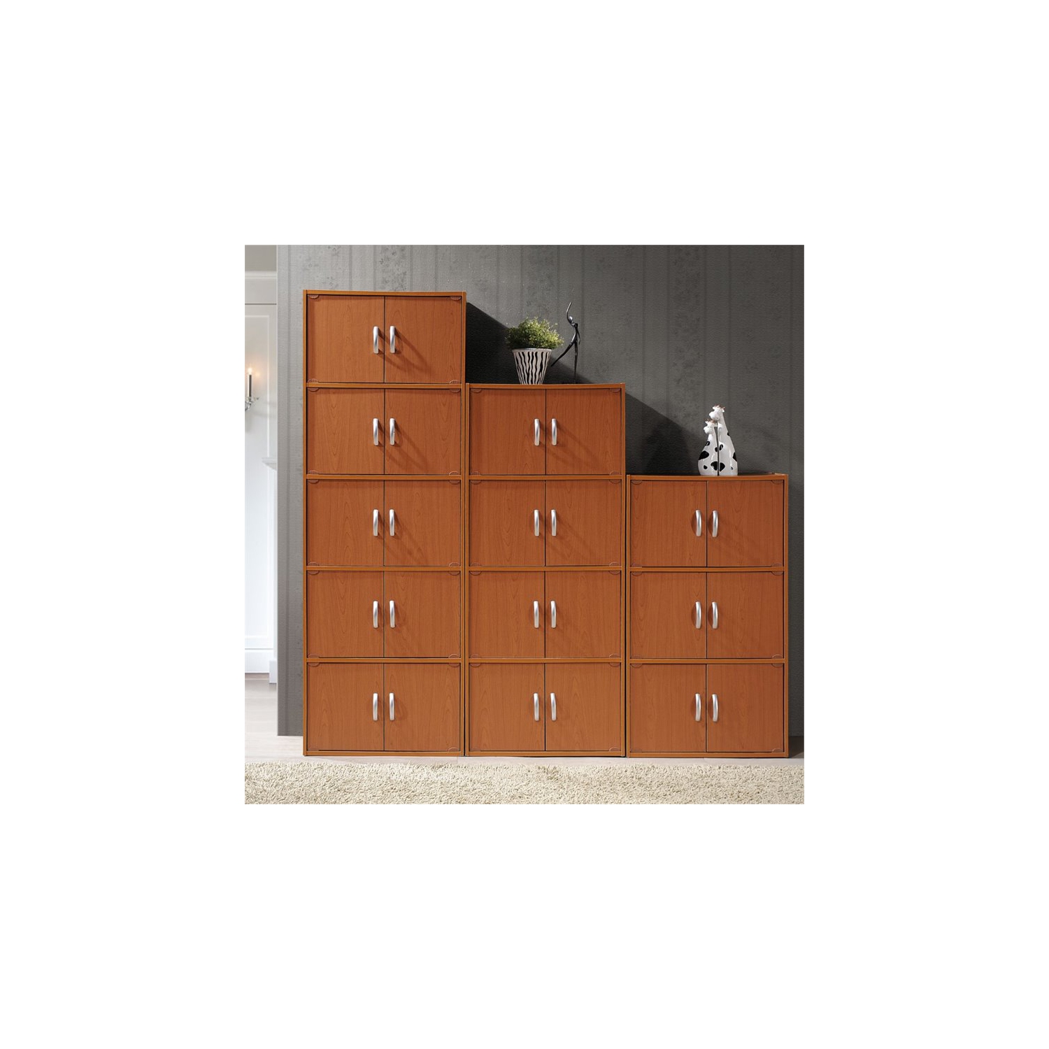 Hodedah 3 Shelf 6 Door Multi-Purpose Wooden Bookcase in Cherry Finish