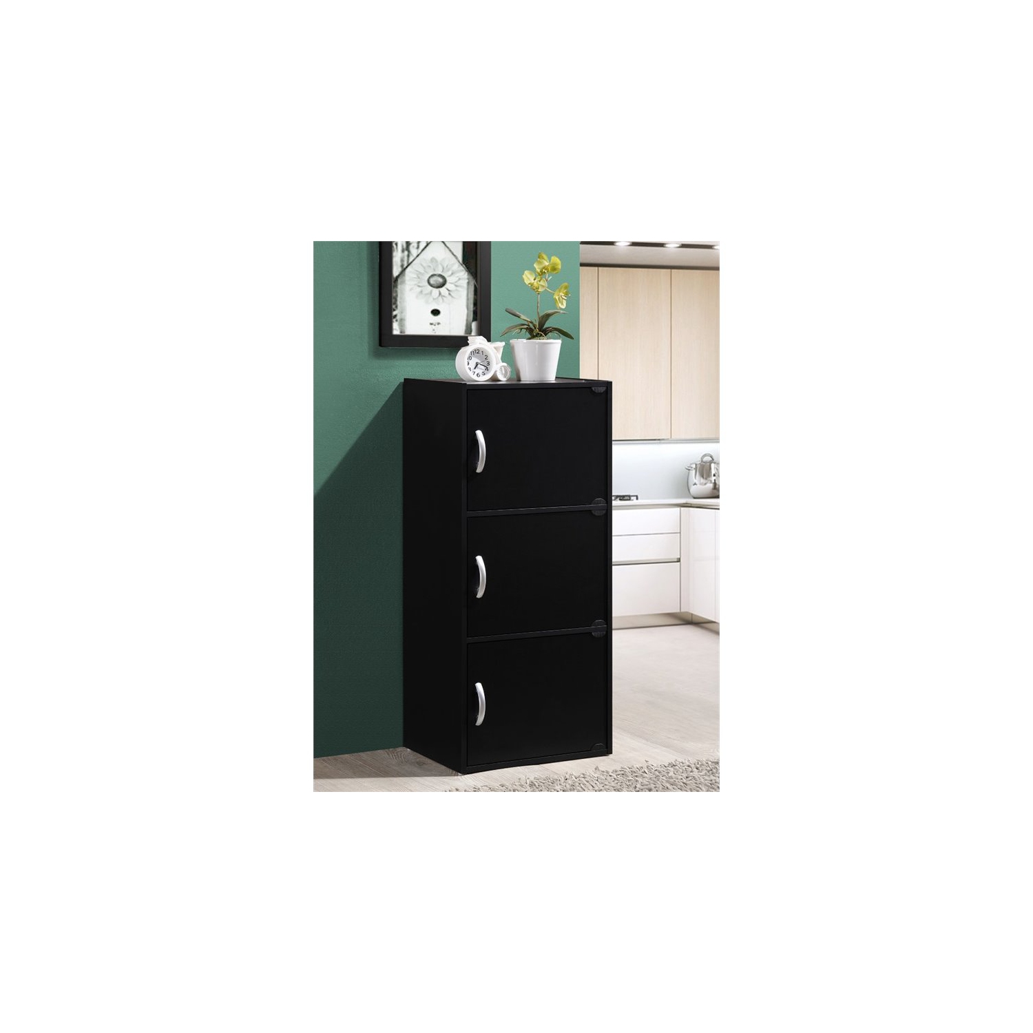 Hodedah 3 Shelf 3 Door Multi-Purpose Wooden Bookcase in Black Finish