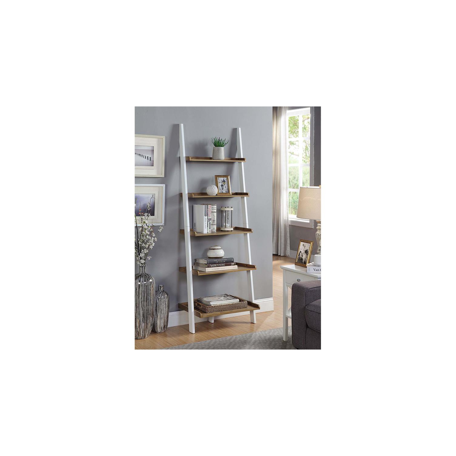 Pemberly Row Bookshelf Ladder with Five Tiers in Caramel Wood Finish