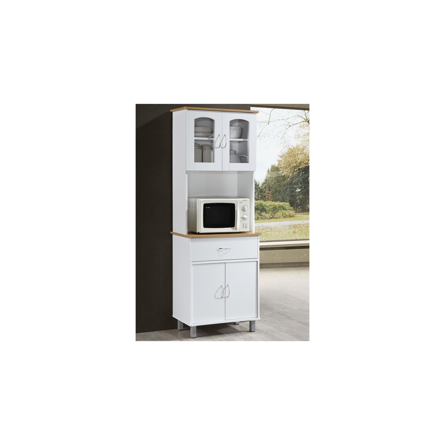 Hodedah Kitchen China with 4-Door 1-Drawer and Microwave Space in White Wood