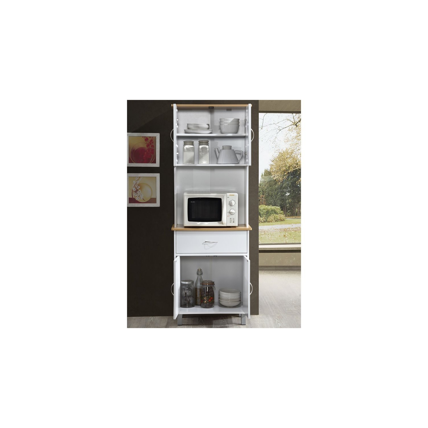 Hodedah Kitchen China with 4-Door 1-Drawer and Microwave Space in White Wood