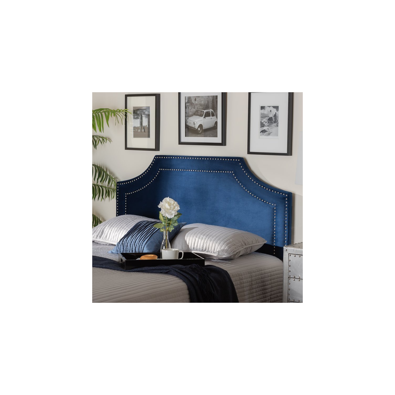 Bowery Hill Velvet and Wood Queen Headboard in Navy Blue