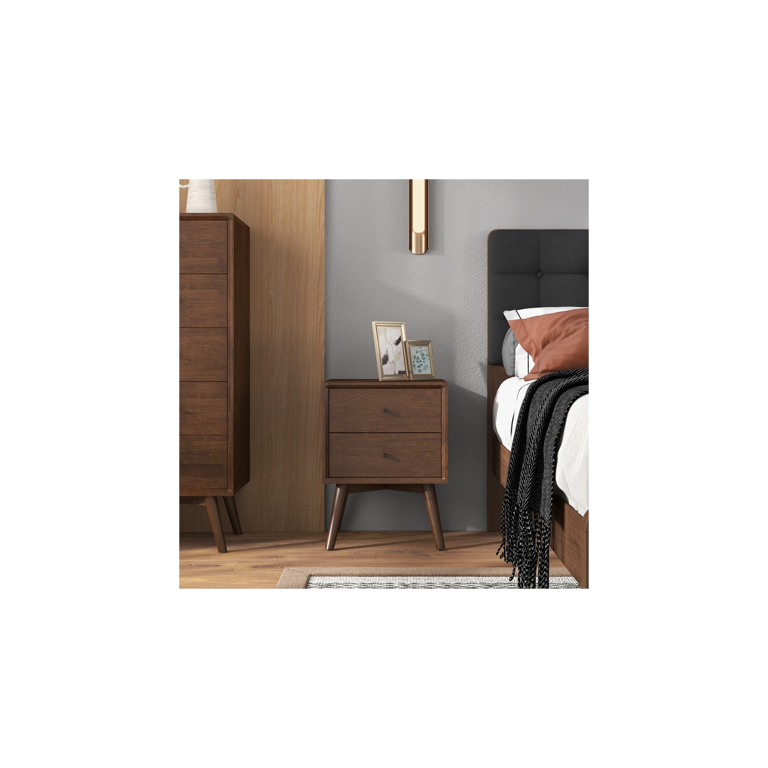 Francesca Mid Century Modern Walnut Nightstand Bed Side Tables with 1 Drawer