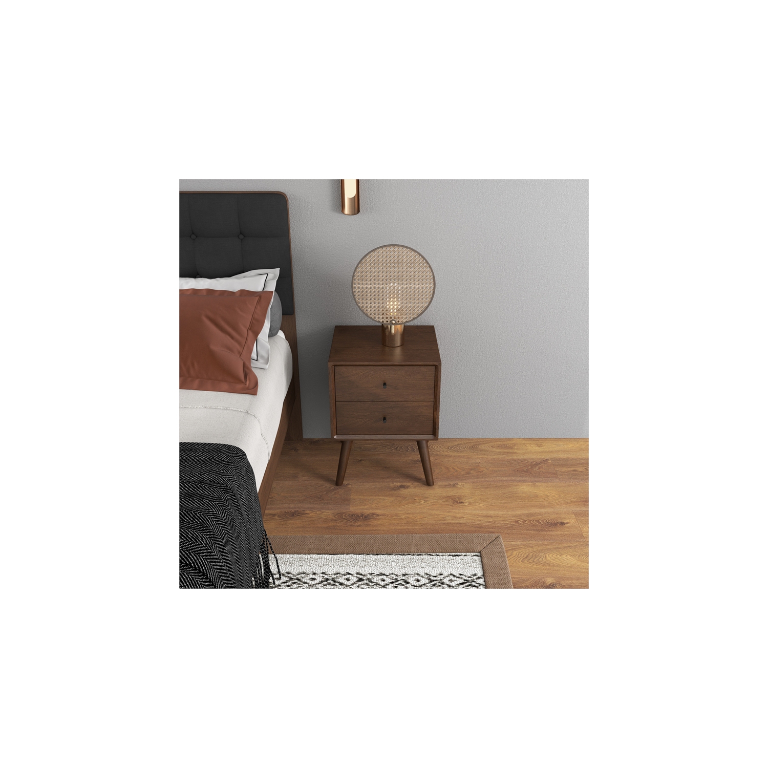 Francesca Mid Century Modern Walnut Nightstand Bed Side Tables with 1 Drawer