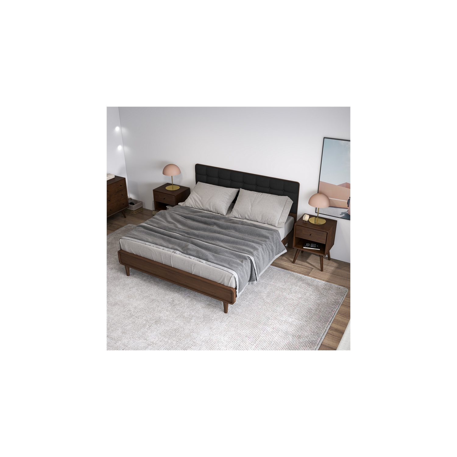 Francesca Mid Century Modern Walnut Nightstand Bed Side Tables with 1 Drawer