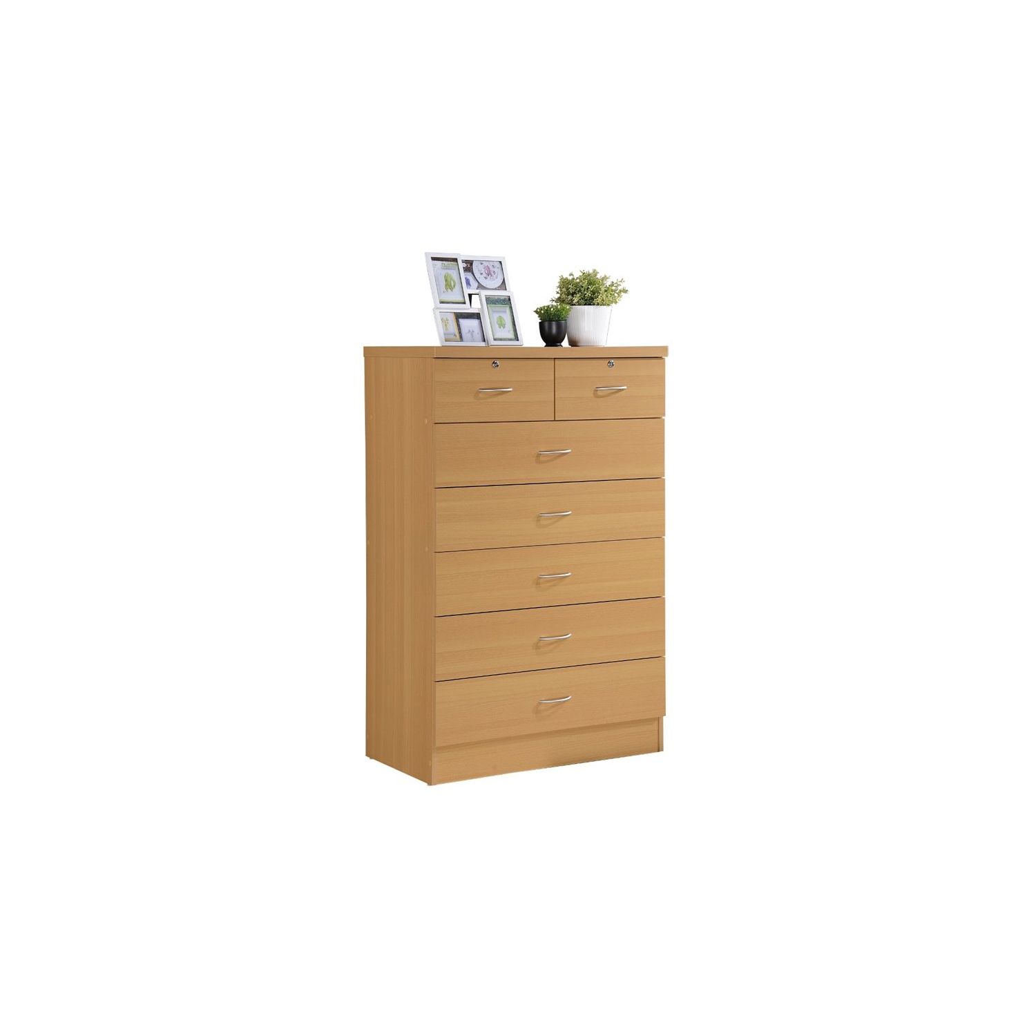 Hodedah 7 Drawer Chest with Locks on 2 Top Drawers in Beige Wood