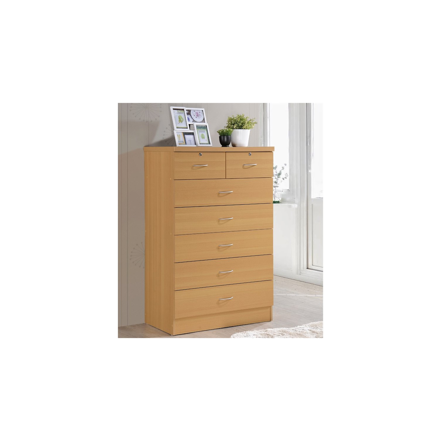 Hodedah 7 Drawer Chest with Locks on 2 Top Drawers in Beige Wood