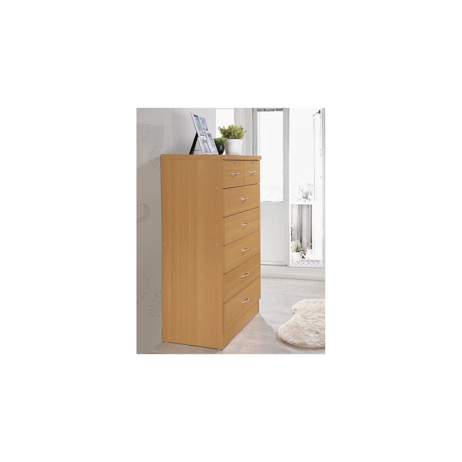 Hodedah 7 Drawer Chest with Locks on 2 Top Drawers in Beige Wood