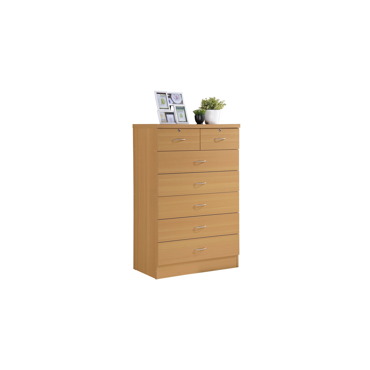 Hodedah 7 Drawer Chest with Locks on 2 Top Drawers in Beige Wood