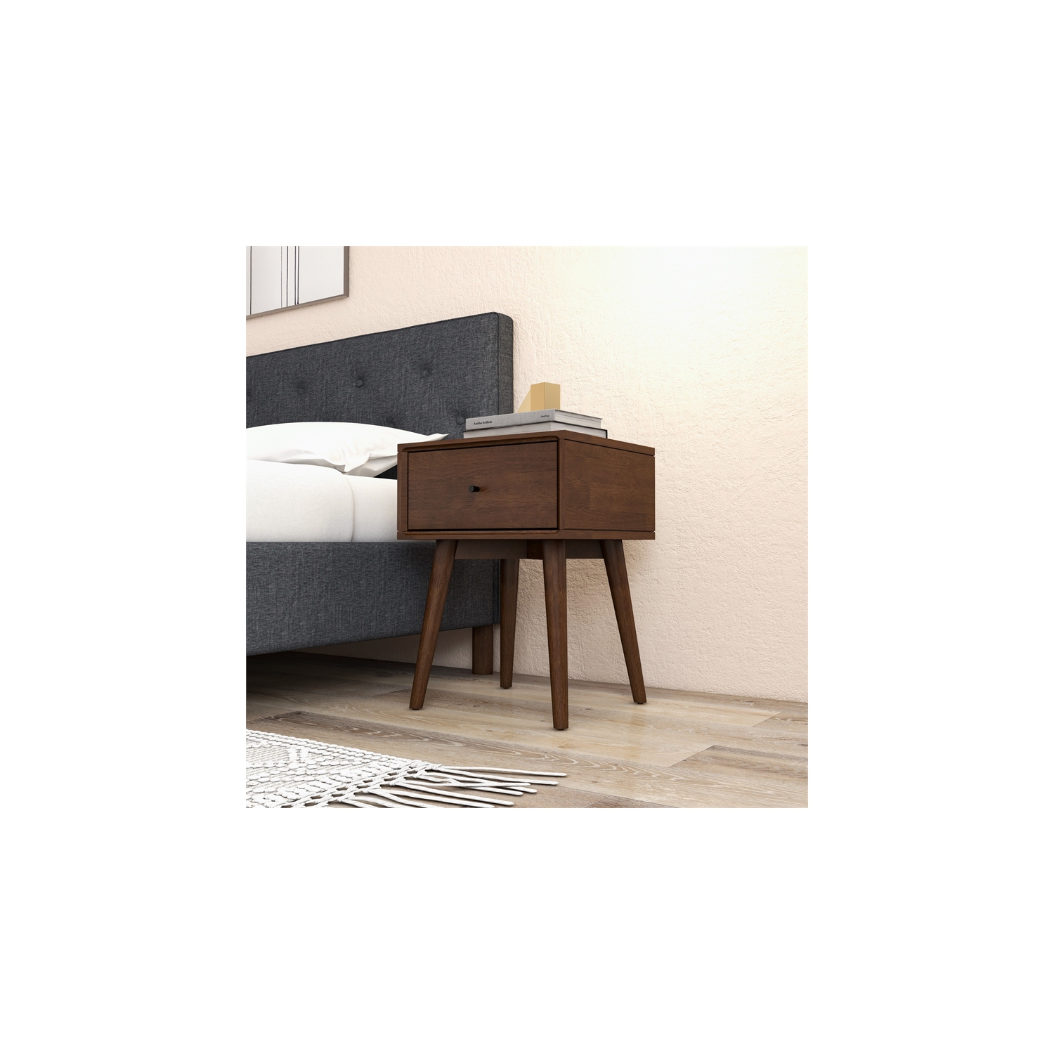 Cooper Mid Century Modern Walnut Nightstand Bed Side Tables with 1 Drawers