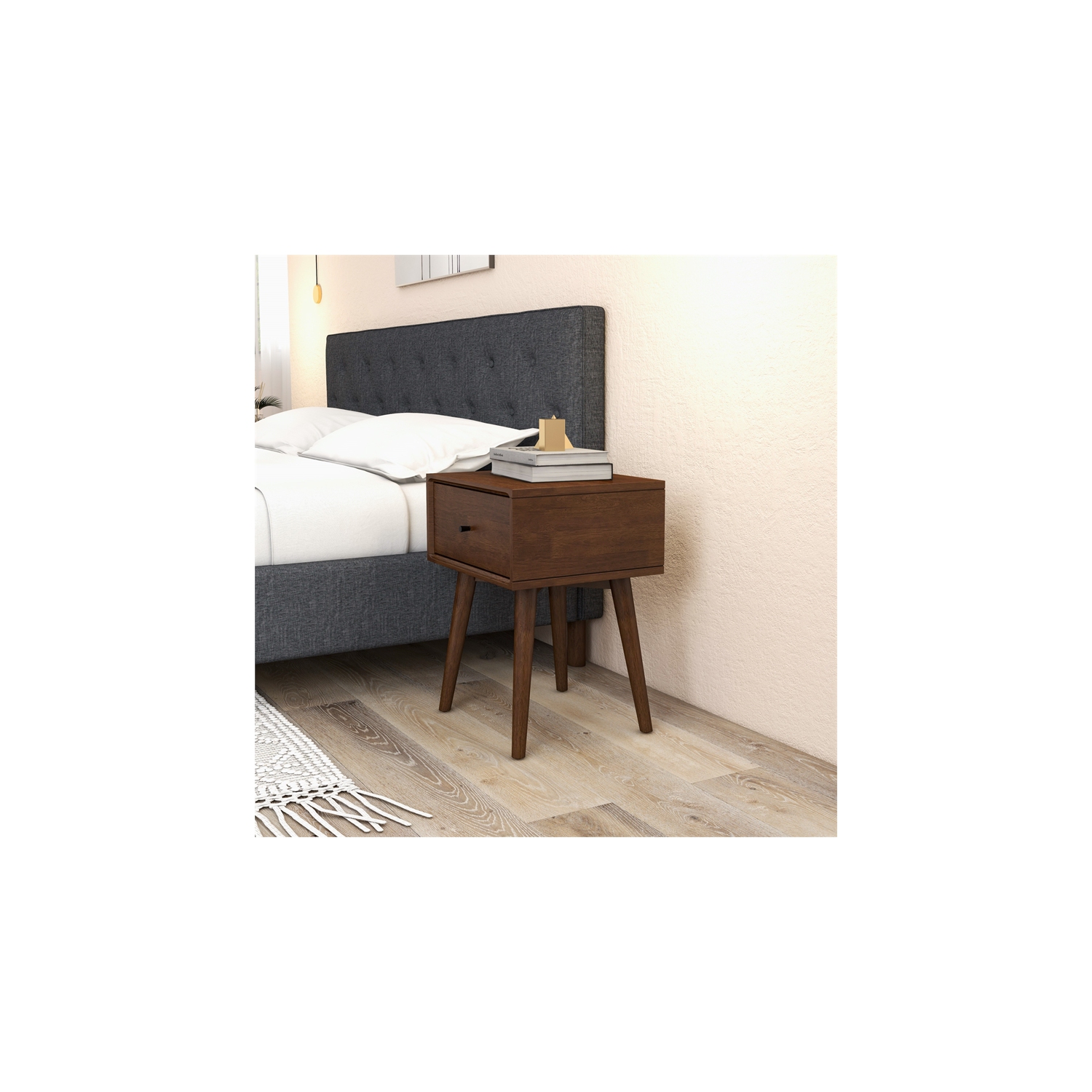 Cooper Mid Century Modern Walnut Nightstand Bed Side Tables with 1 Drawers