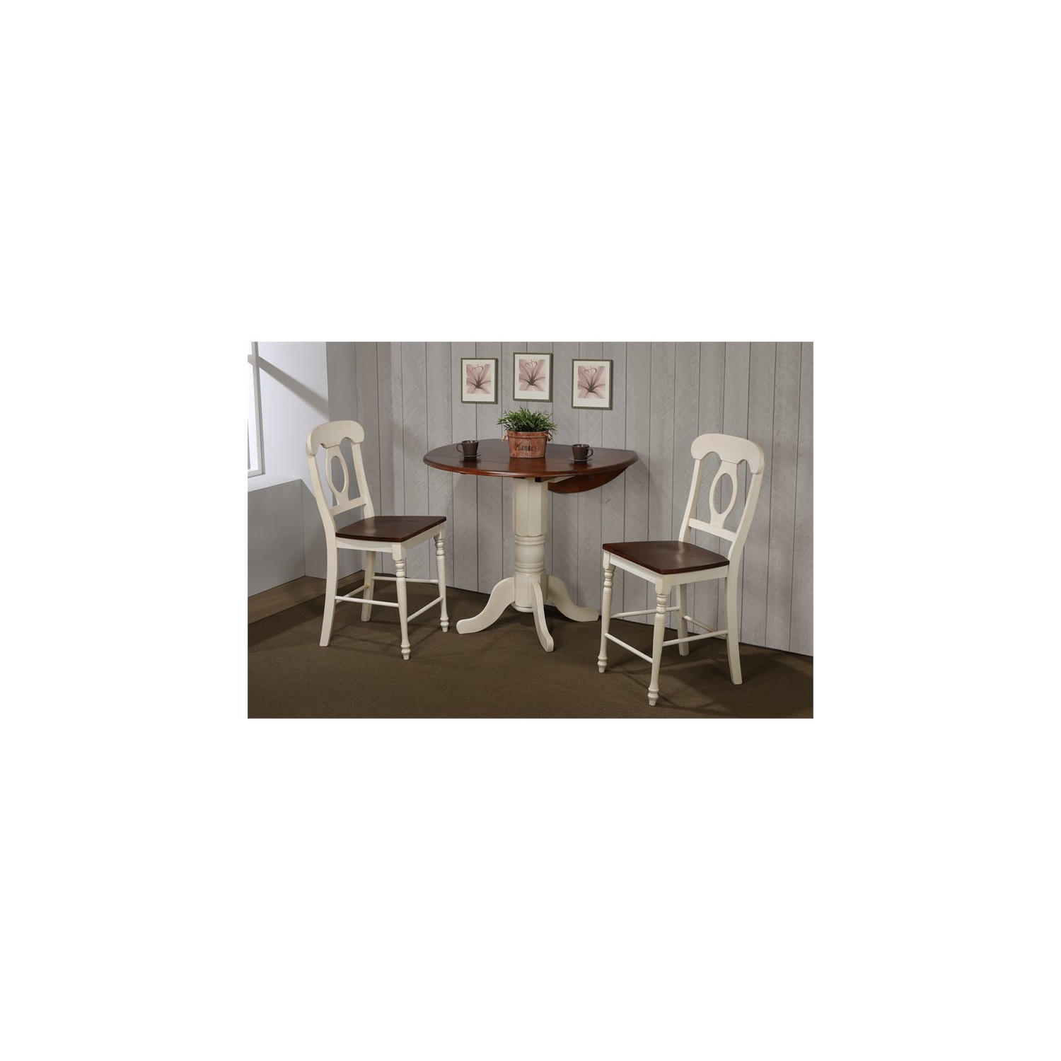 Sunset Trading Andrews 3PC 42" Round Extending Dropleaf Pub Table Set White Wood