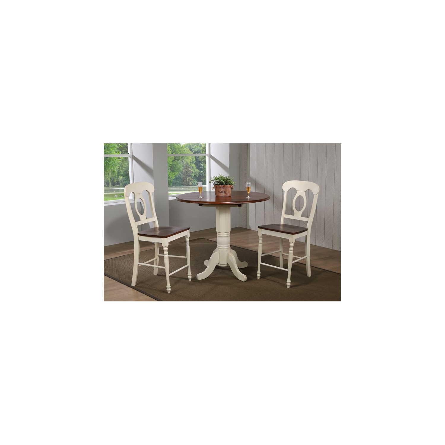 Sunset Trading Andrews 3PC 42" Round Extending Dropleaf Pub Table Set White Wood