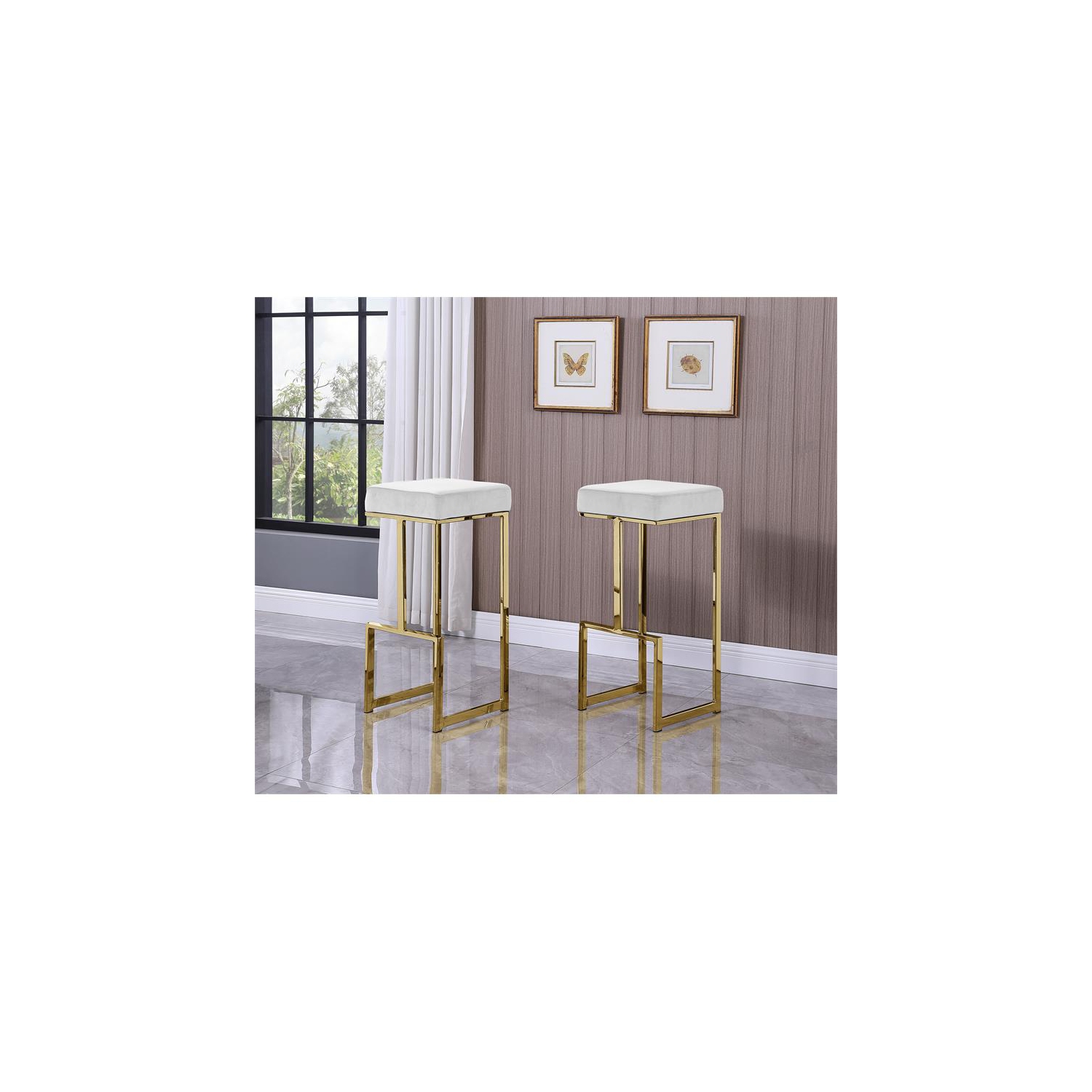 Tabouret de bar moderne en velours sans dossier Dorrington blanc/doré