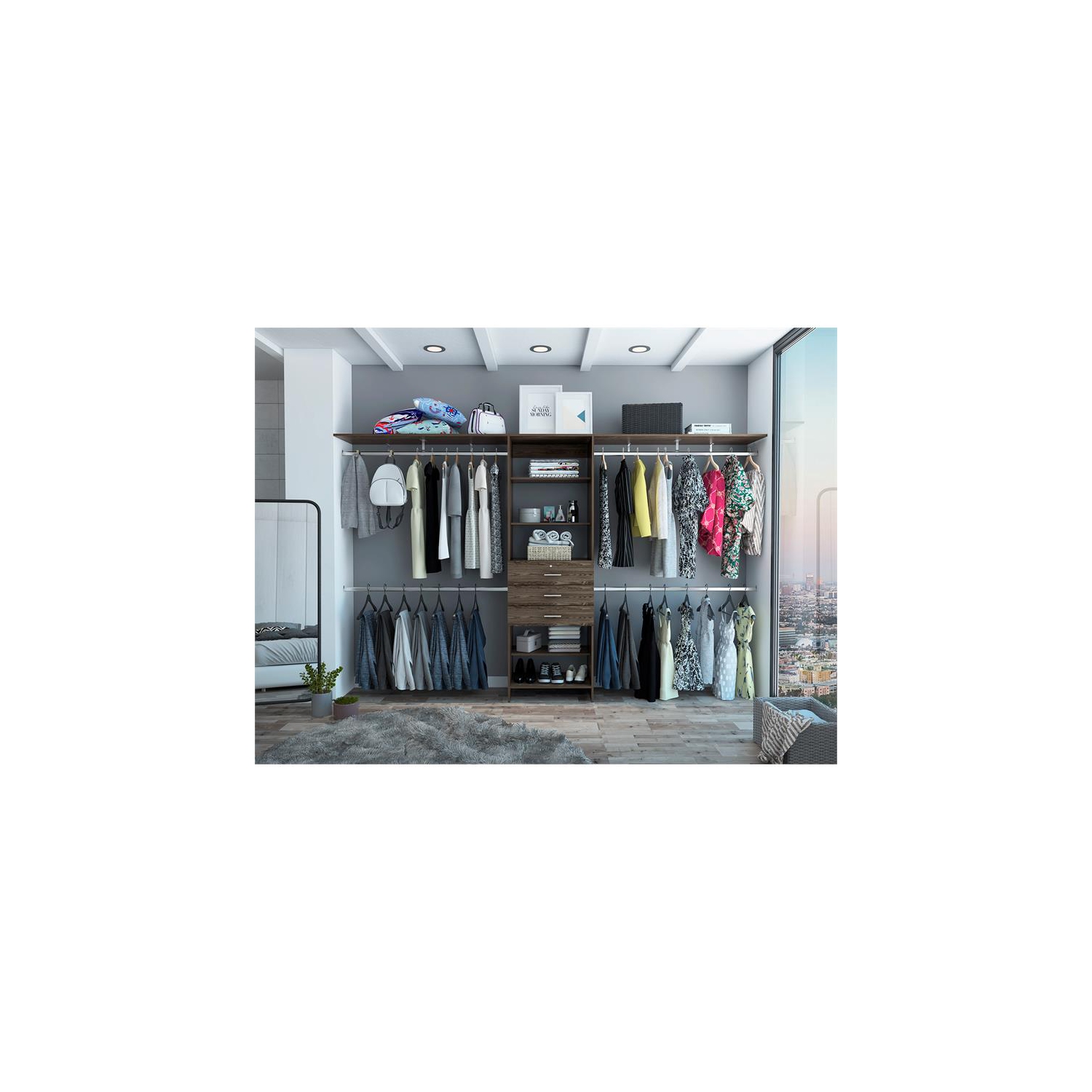 Tuhome Plego 69"W - 118"W Closet System with 3 Drawers in Dark Walnut Cognac