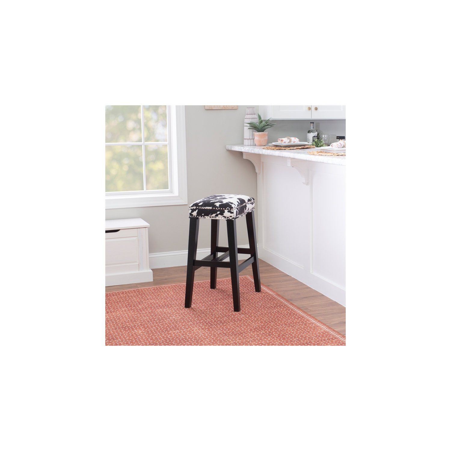 Linon Walt 30" Wood Cow Print Bar Stool in Black