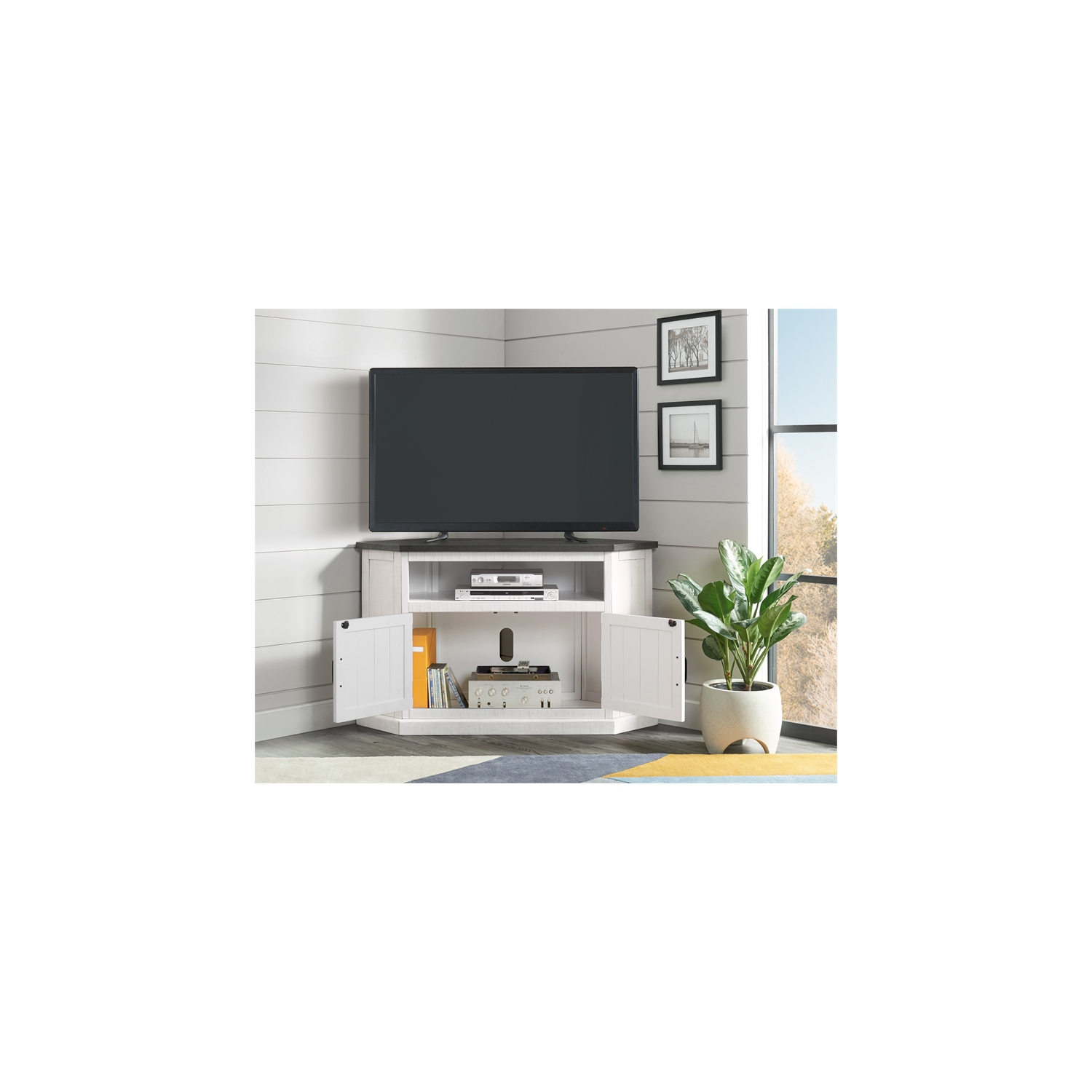 Martin Svensson Home Rustic Corner 50" Wood TV Stand White Stand with Grey Top