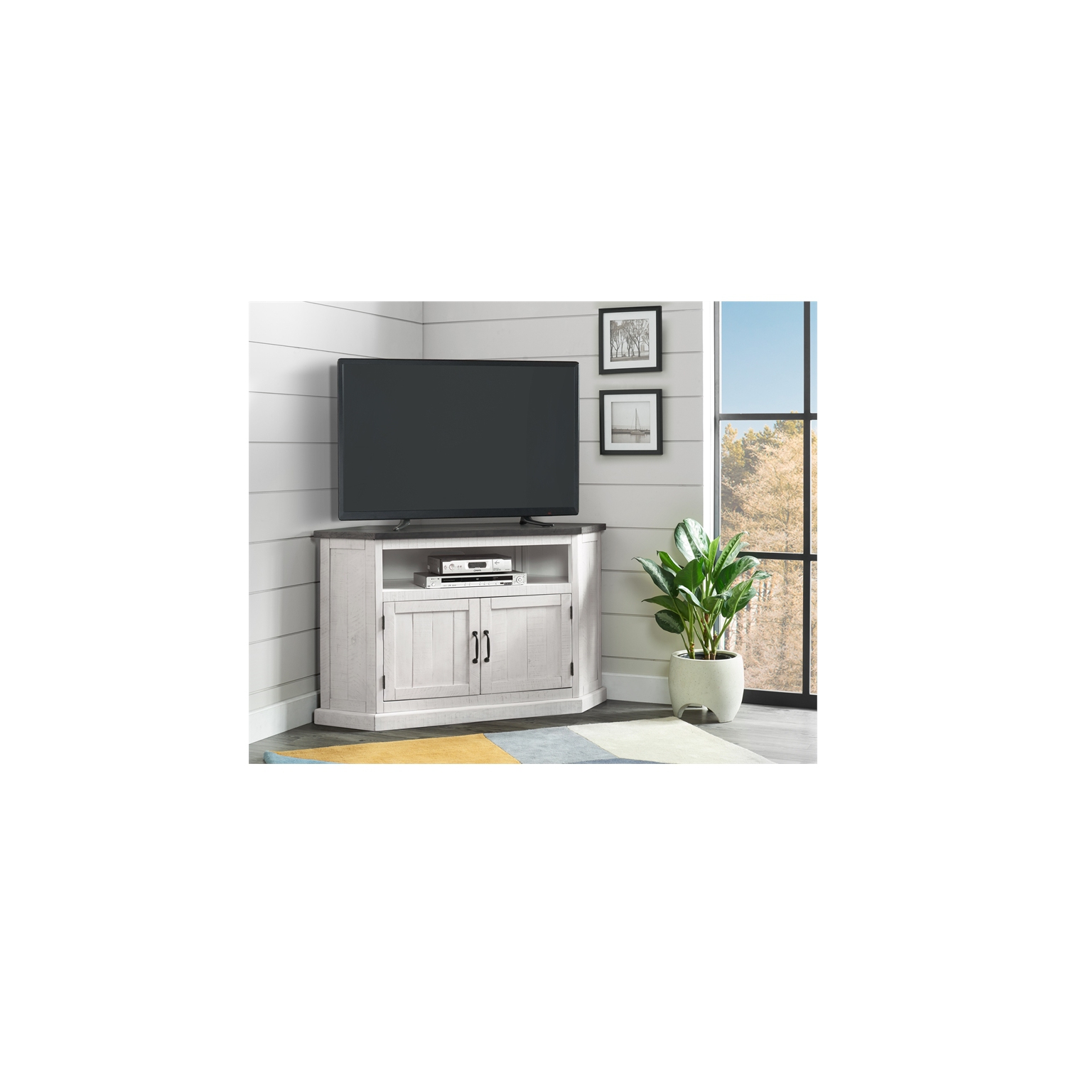 Martin Svensson Home Rustic Corner 50" Wood TV Stand White Stand with Grey Top