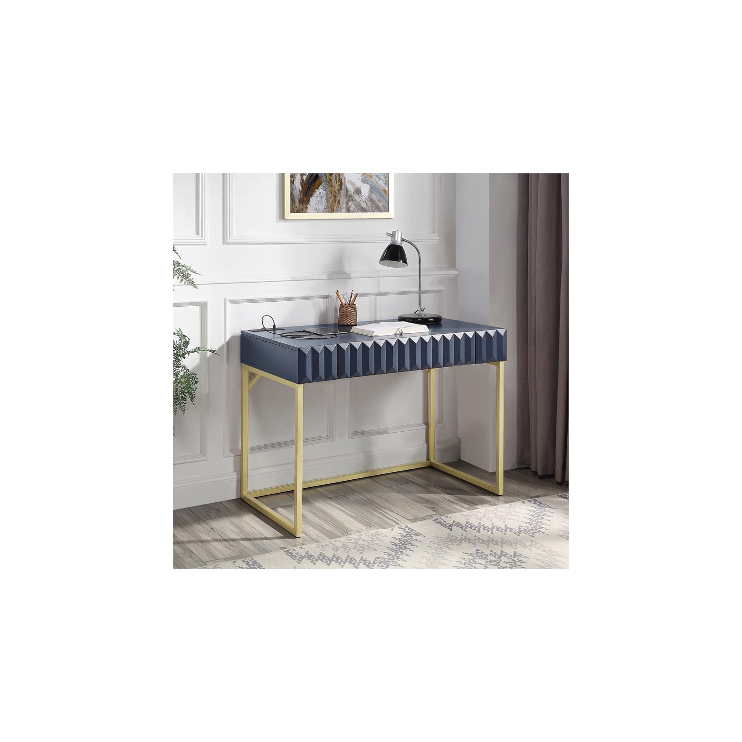 Bureau de travail en bois avec port USB de couleur bleue de Furniture of America Giflongitudinal