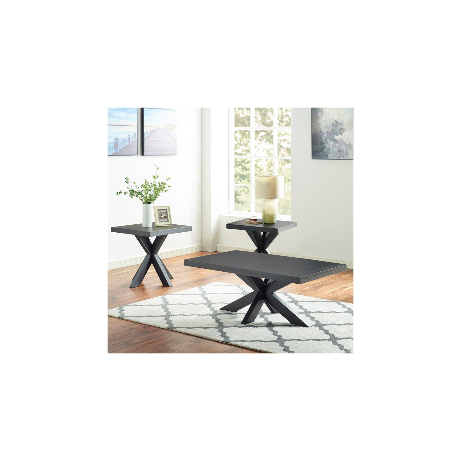 Bowery Hill Ebony Finish Wood Pedestal Cocktail Table