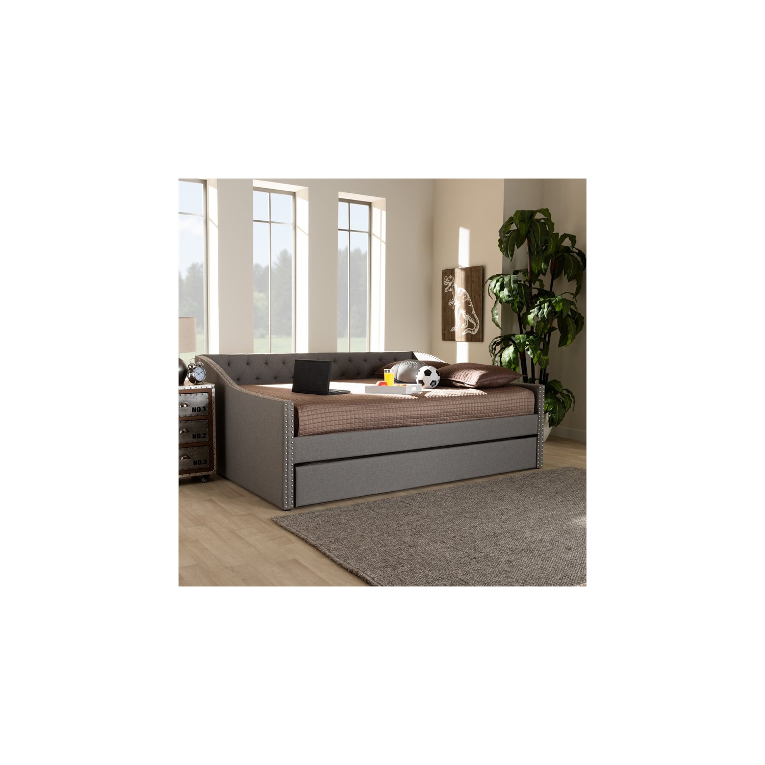 Baxton Studio Haylie Full Size Light Grey Upholstered Daybed with Trundle