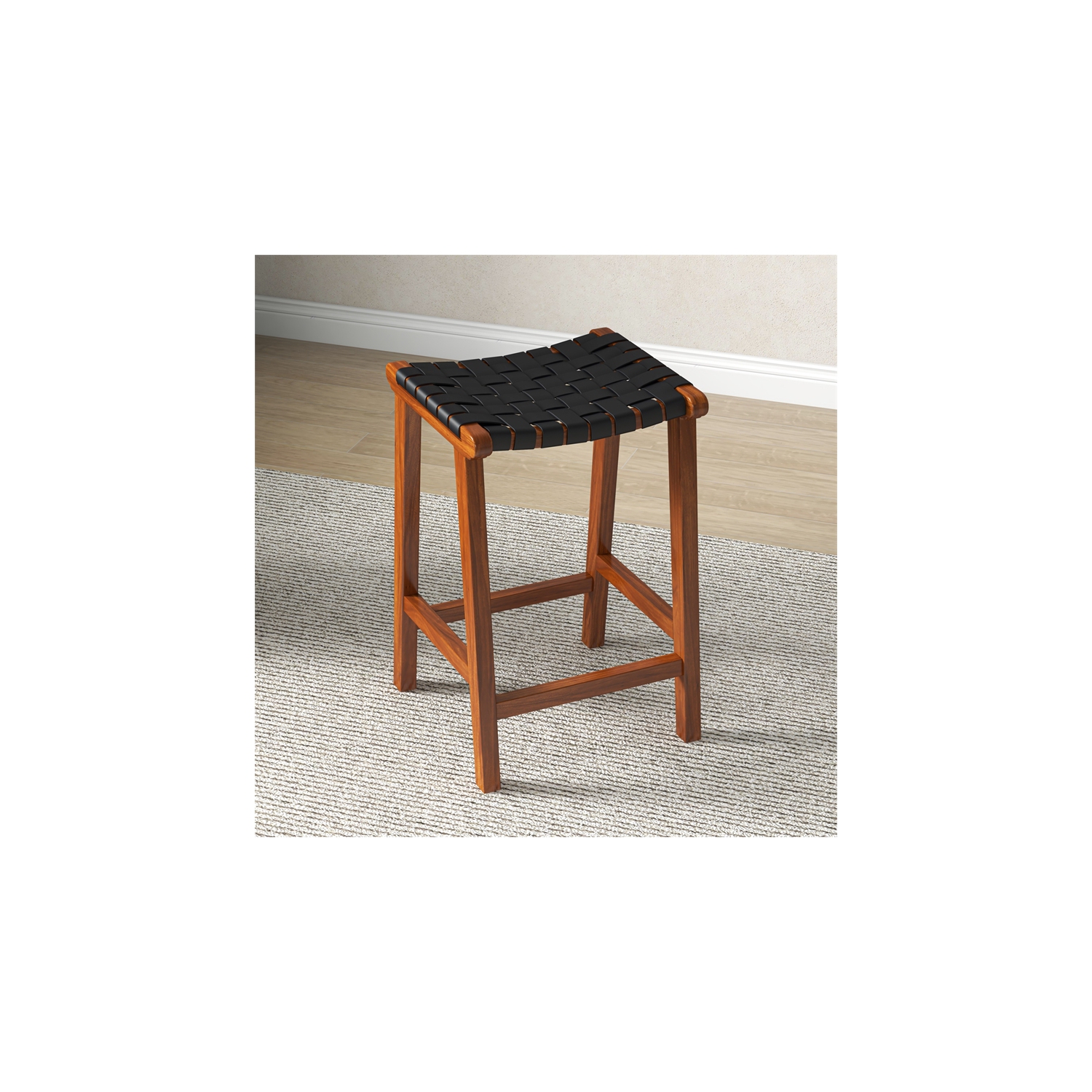 Yala Mid Century Modern Black Woven Leather Counter Stool