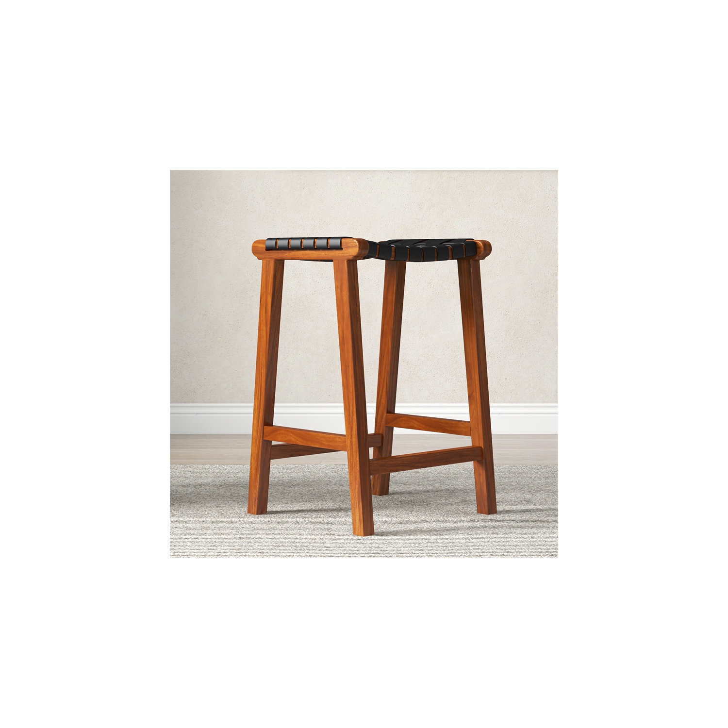 Yala Mid Century Modern Black Woven Leather Counter Stool