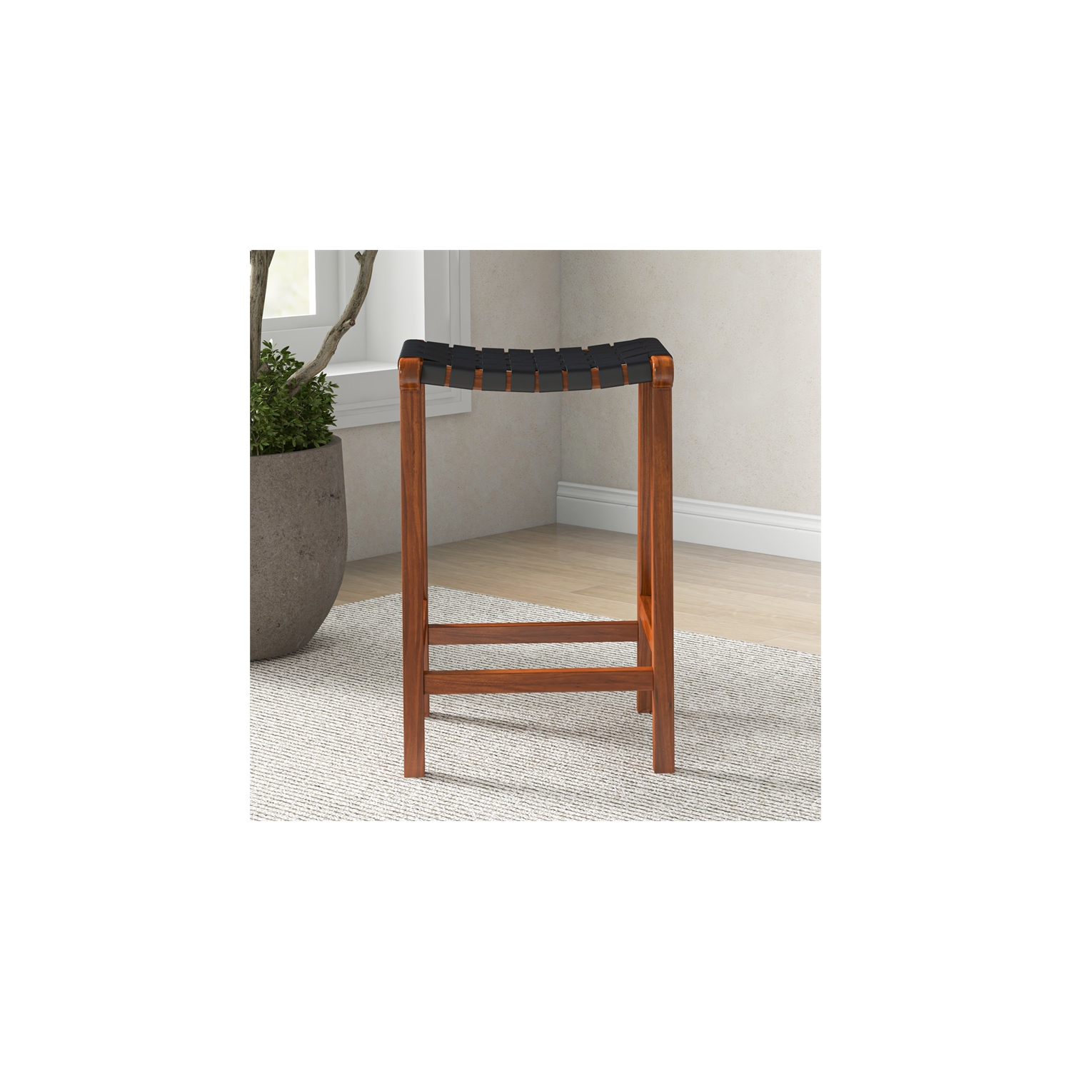 Yala Mid Century Modern Black Woven Leather Counter Stool
