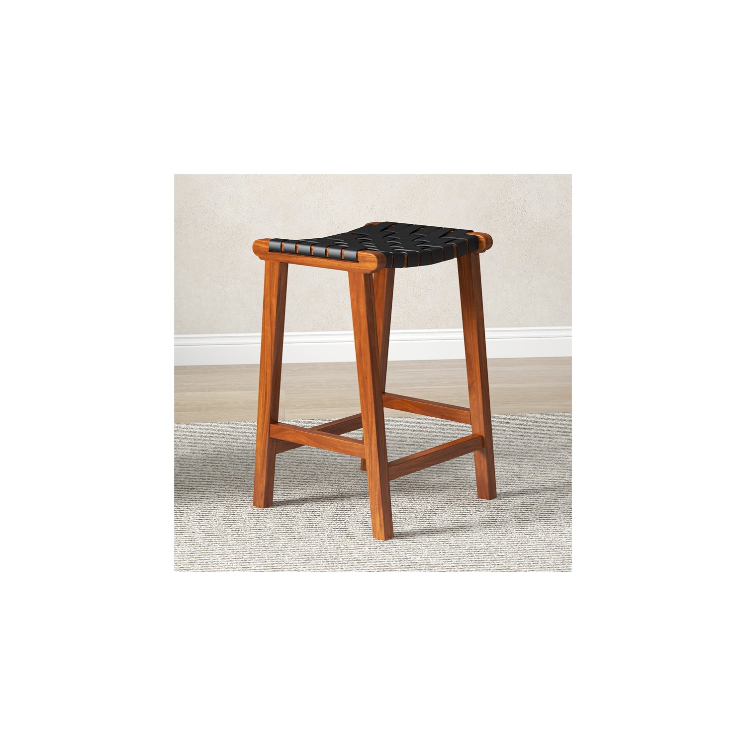 Yala Mid Century Modern Black Woven Leather Counter Stool