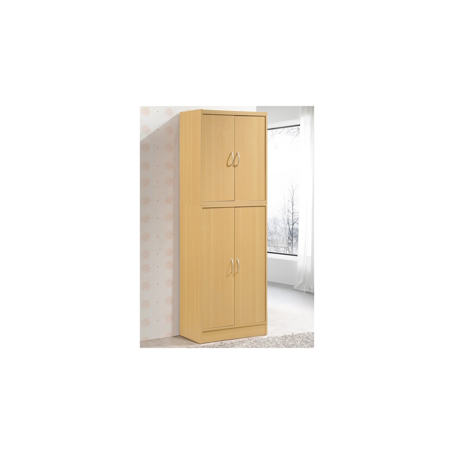 Garde-manger à 4 portes de Hodedah avec 4 tablettes, 5 compartiments en bois beige