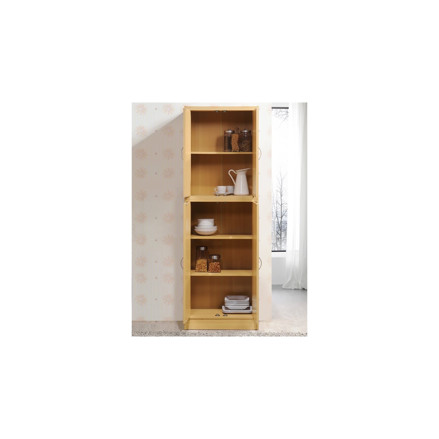 Garde-manger à 4 portes de Hodedah avec 4 tablettes, 5 compartiments en bois beige