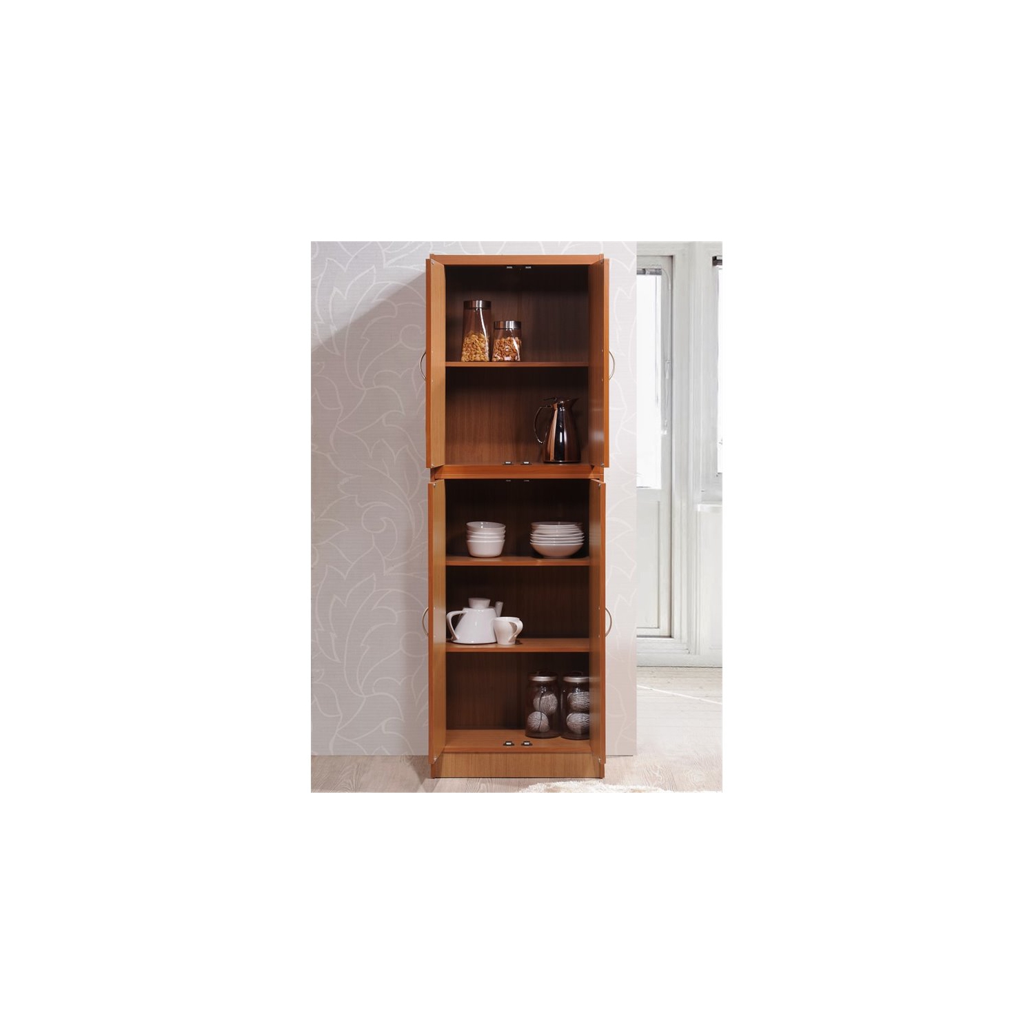 Hodedah 4 Door Kitchen Pantry with 4 Shelves 5 Compartments in Cherry Wood
