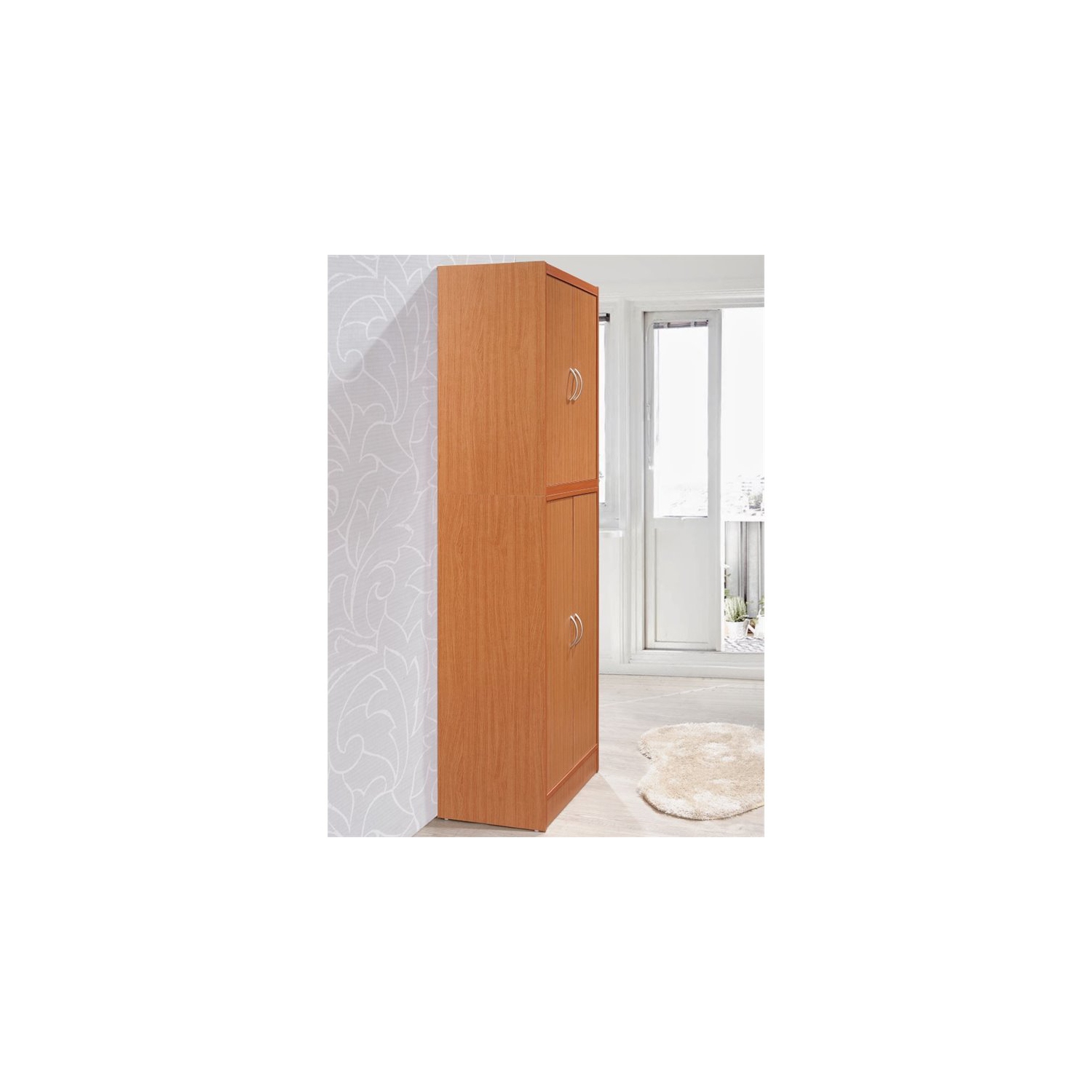 Hodedah 4 Door Kitchen Pantry with 4 Shelves 5 Compartments in Cherry Wood