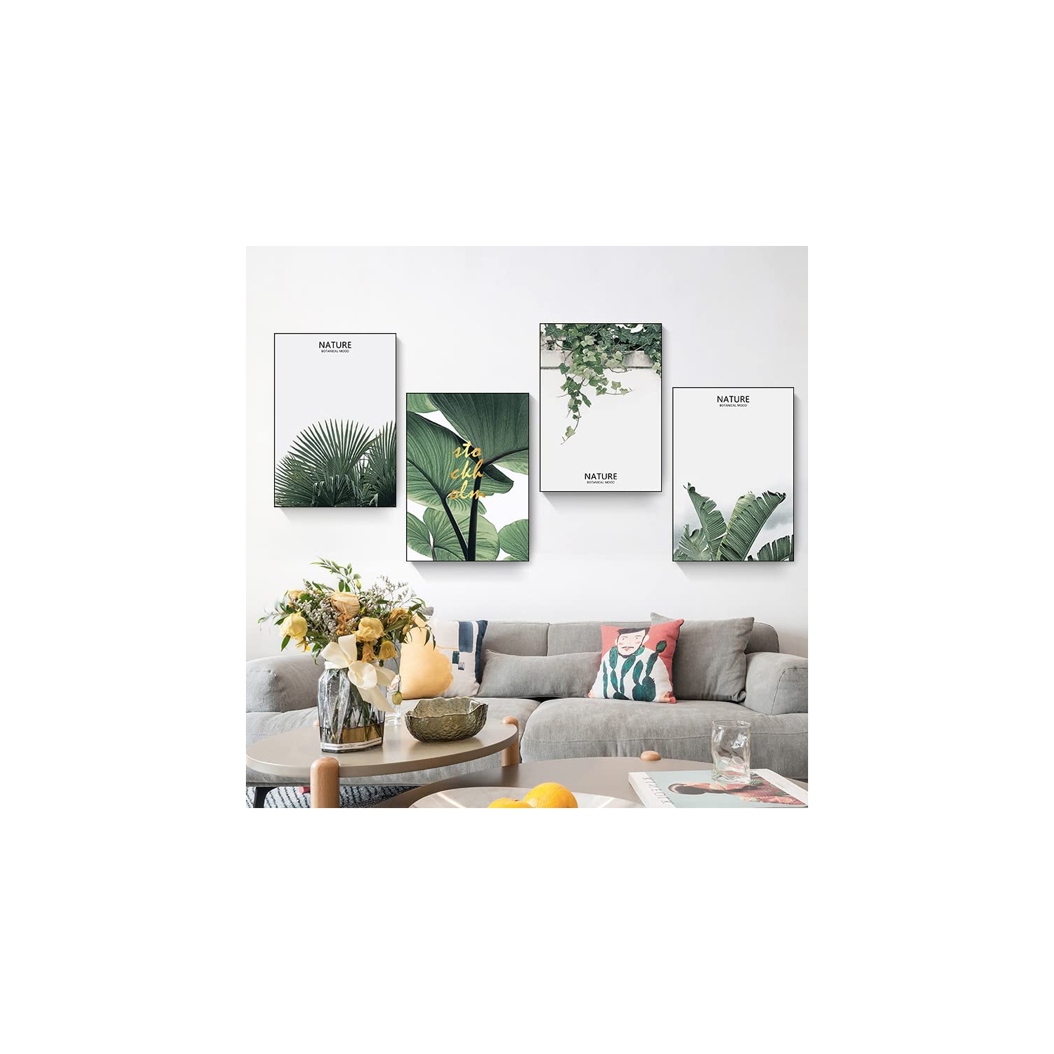 Art mural moderne en toile 4 panneaux à motif botanique vert plante, style encadré, pour la maison, le bureau, l’hôtel et le bar, comprend un crochet