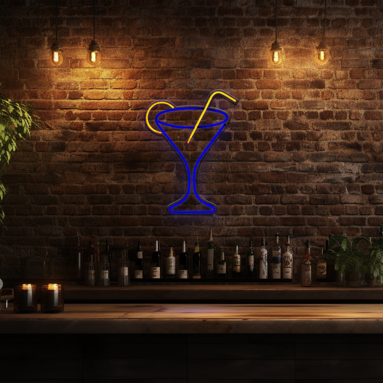Art mural illuminé, cocktail de martini NEON de LED - 17 po - Bleu et jaune
