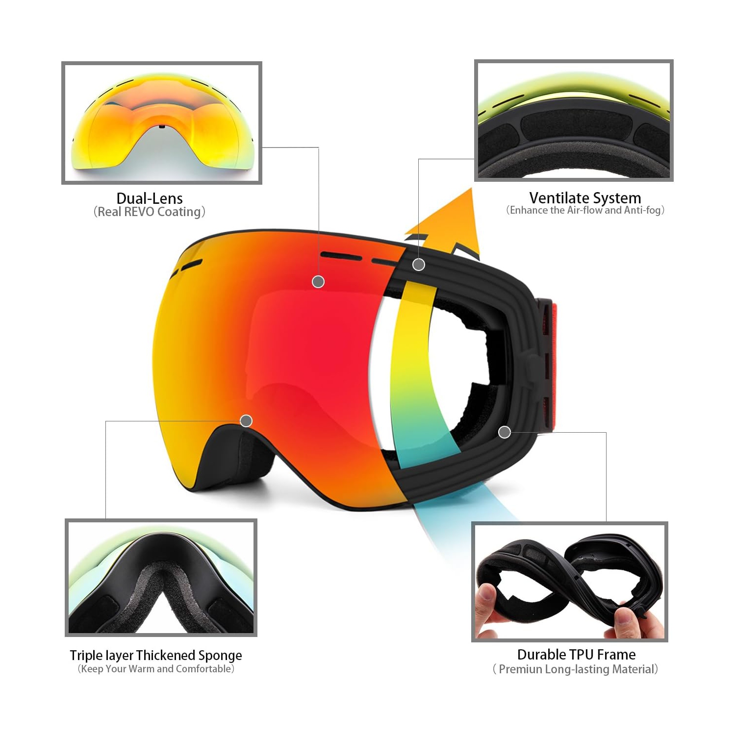 Lunettes de ski et de planche à neige OTG pour hommes, femmes et jeunes avec protection UV de 100 % (noir/rouge)