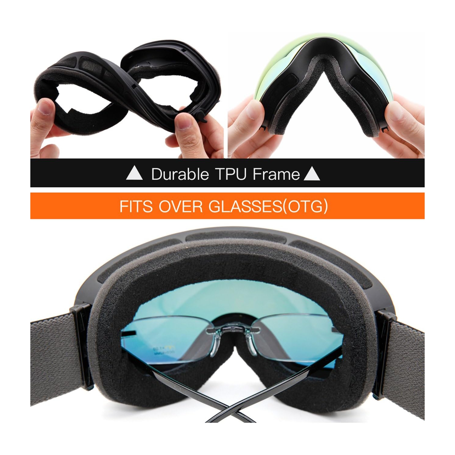 Lunettes de ski et de planche à neige OTG pour hommes, femmes et jeunes avec protection UV de 100 % (noir/rouge)