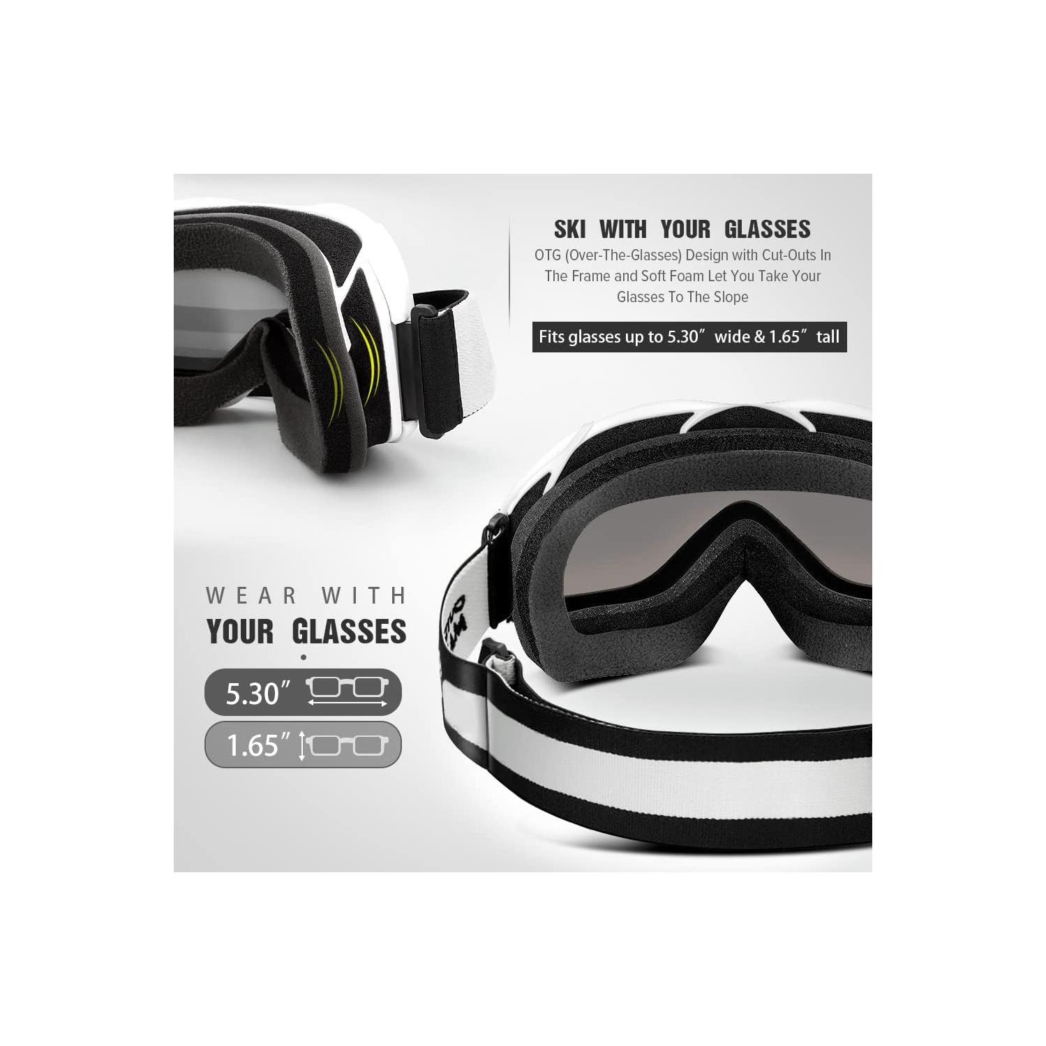OTG Design Ski & Snowboard Goggles for Men, Women & Youth with 100% UV Protection (White/Silver)