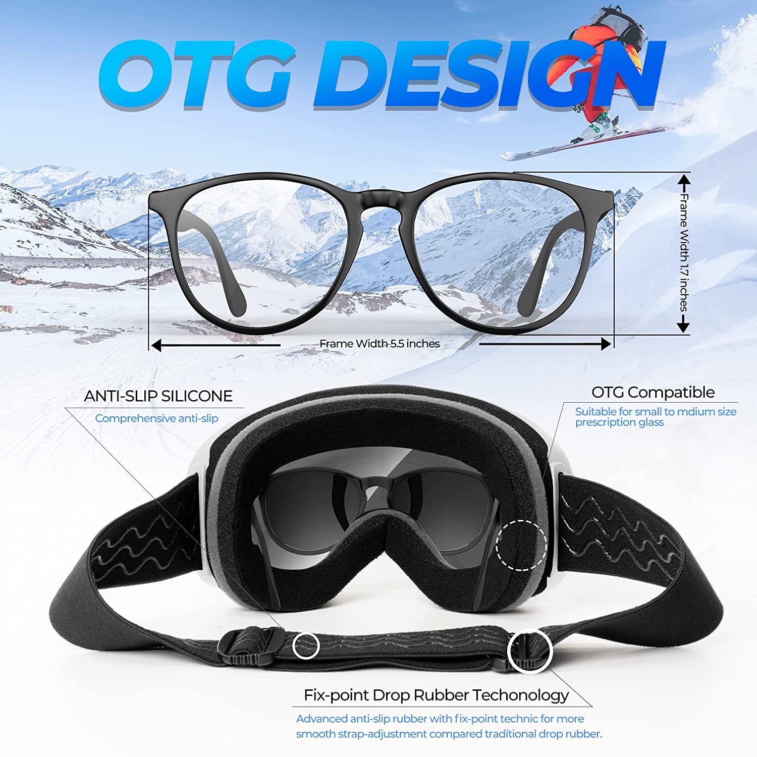 OTG Design Ski & Snowboard Goggles for Men, Women & Youth with 100% UV Protection (White/Silver)