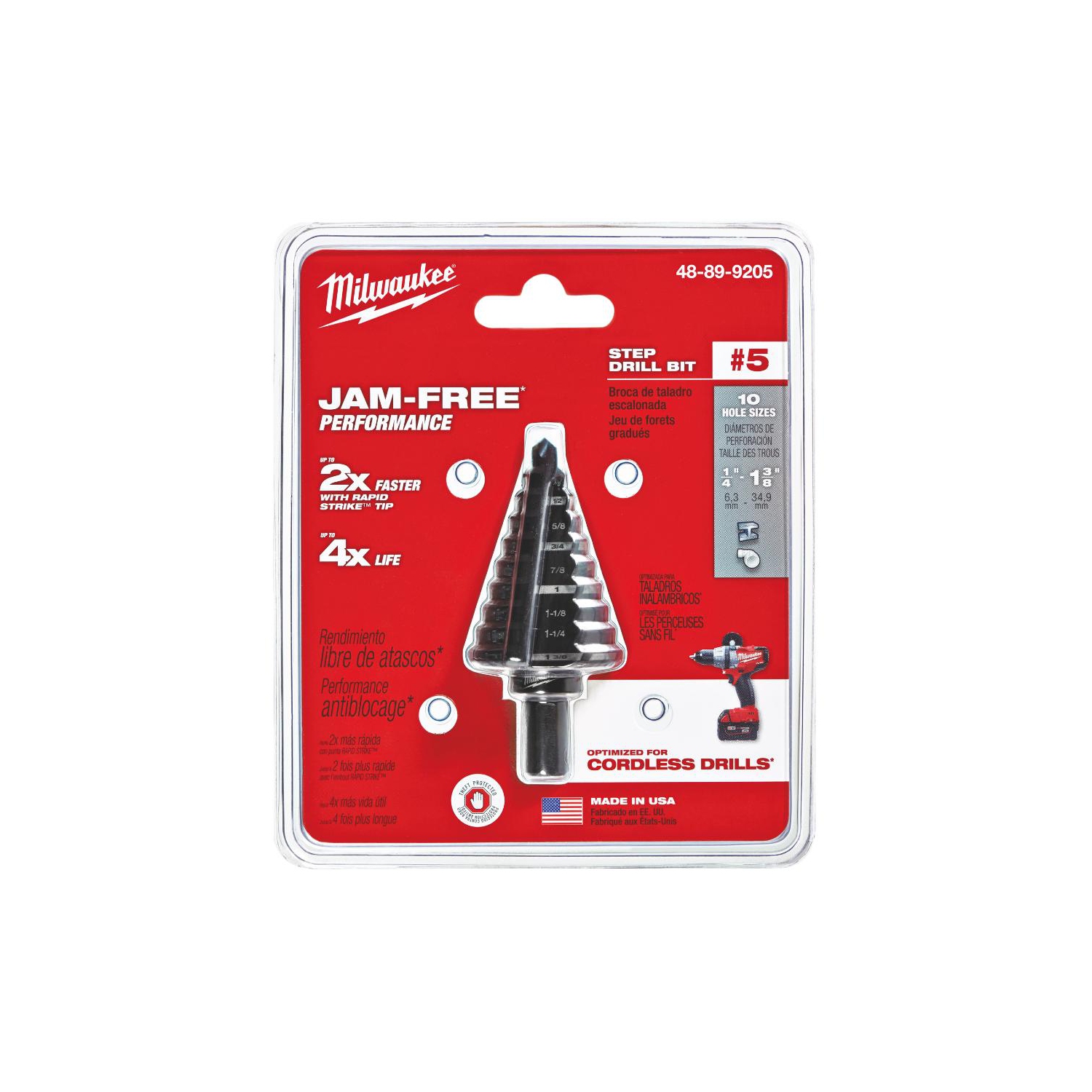 Foret étagé de 3/8 po en oxyde noir à 10 trous, de 1/4 po à 1-3/8 po par 1/8 po