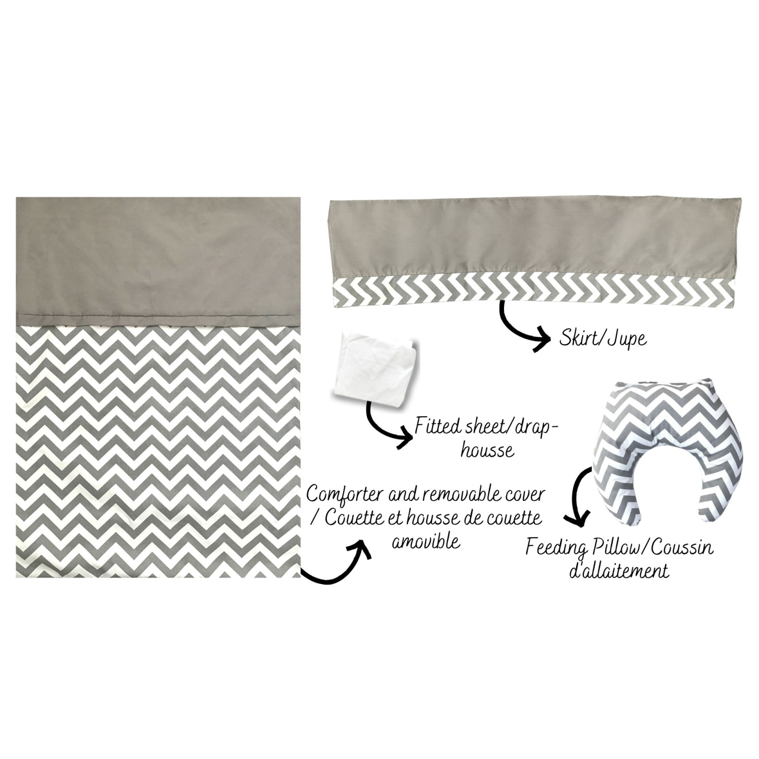 Bebelelo - Literie pour bébé minimaliste grise et blanche à chevrons/zigzag avec coussin d'allaitement