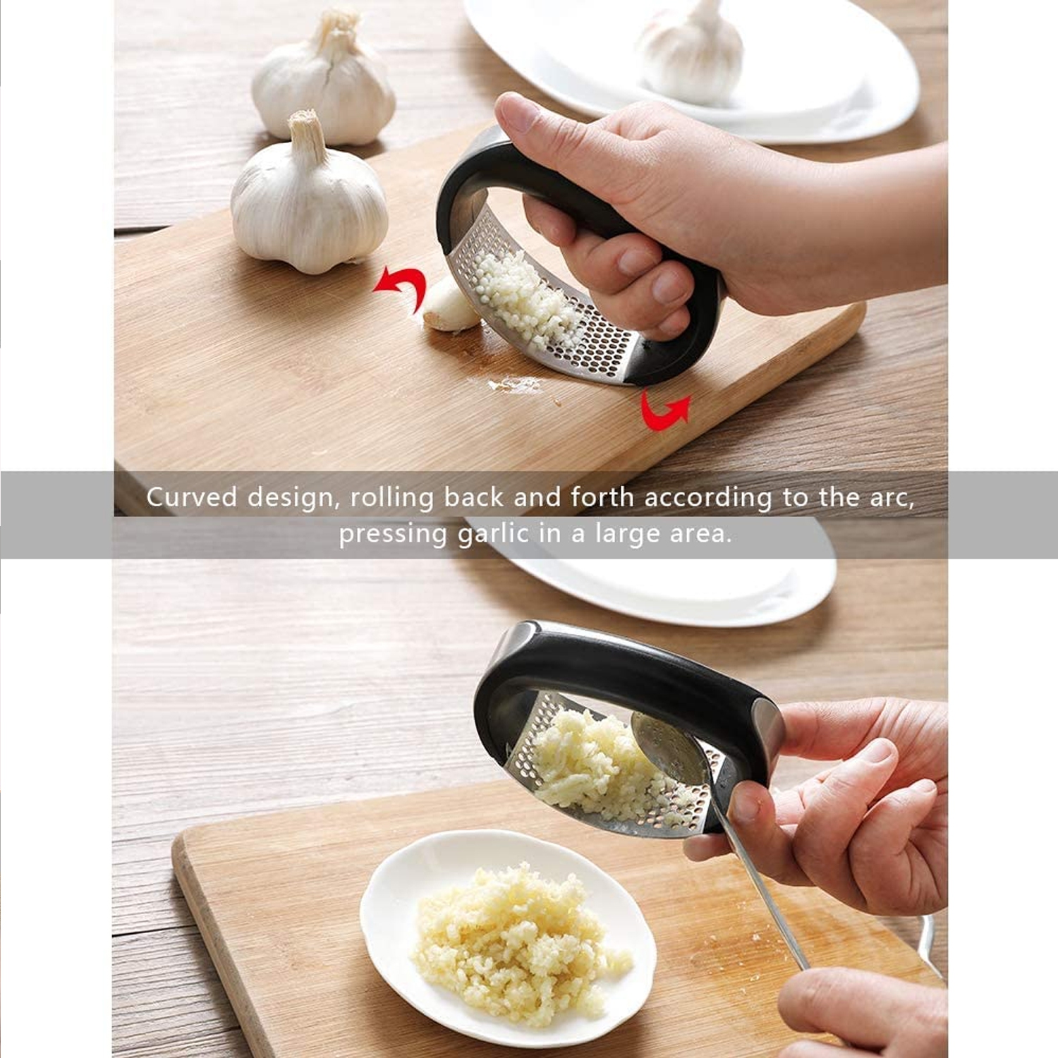 Garlic Press Crusher Ginger Rocker O-Shaped Handheld Stainless Steel with plastic handle
