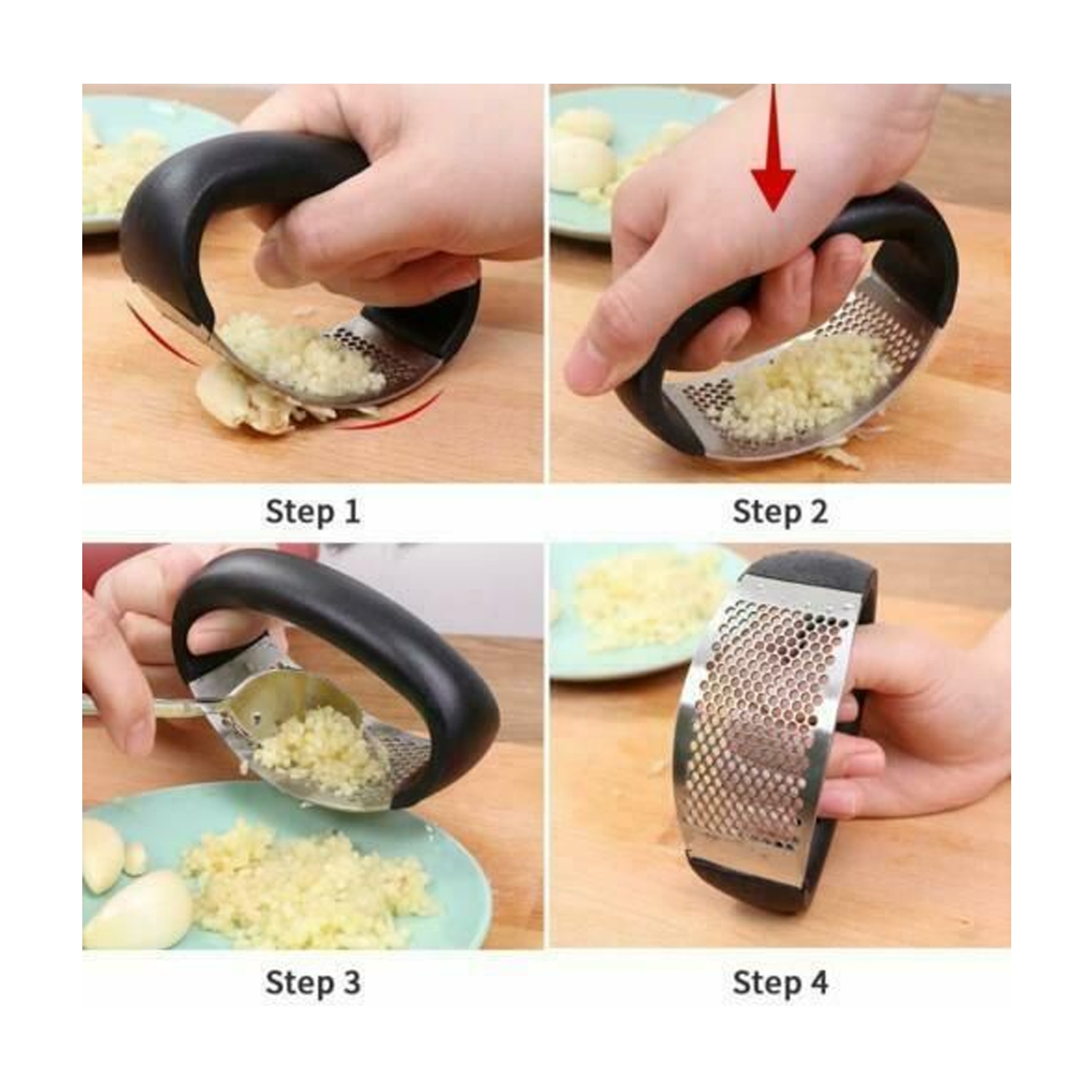 Garlic Press Crusher Ginger Rocker O-Shaped Handheld Stainless Steel with plastic handle